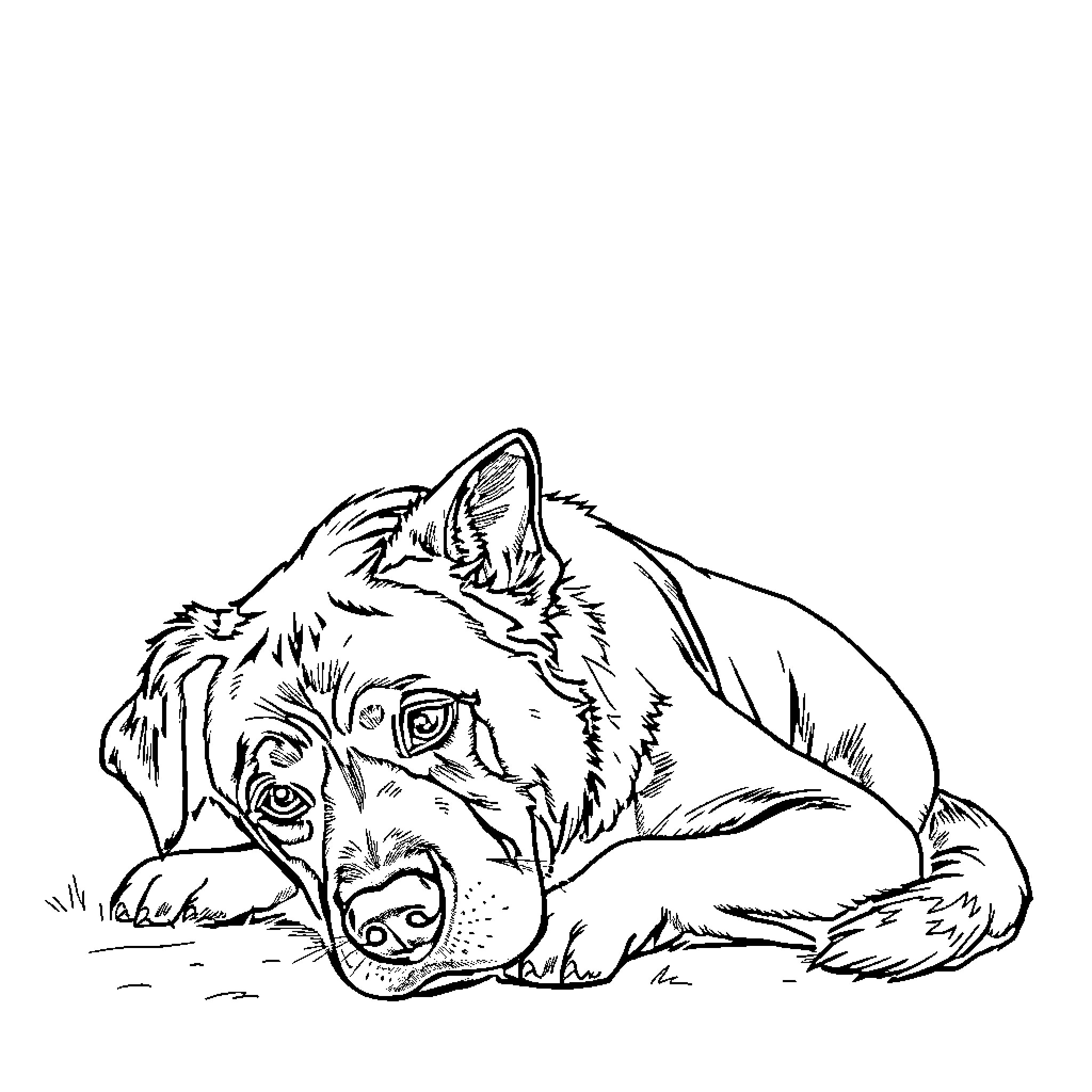 Chien resting peacefully in the grass Coloring Page (free black-and-white line drawing printable PDF for all, from beginners to advanced learners, including children, teens, adults, and seniors)