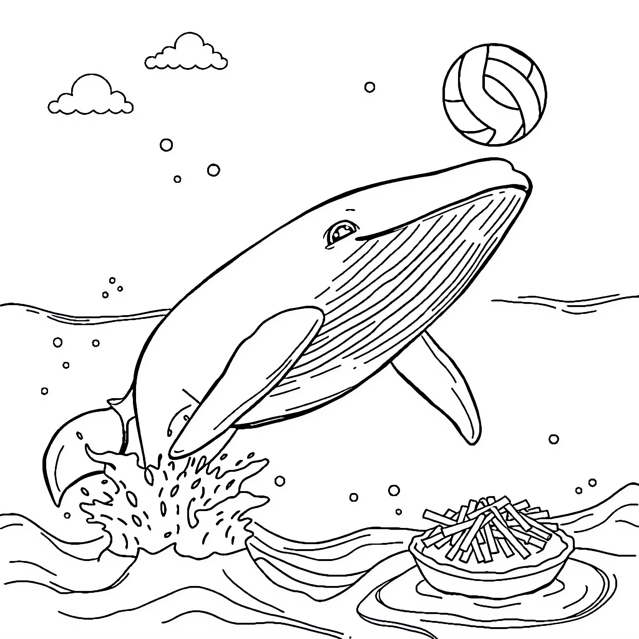 Whale diving into the ocean Coloring Page (free black-and-white line drawing printable PDF for all, from beginners to advanced learners, including children, teens, adults, and seniors)