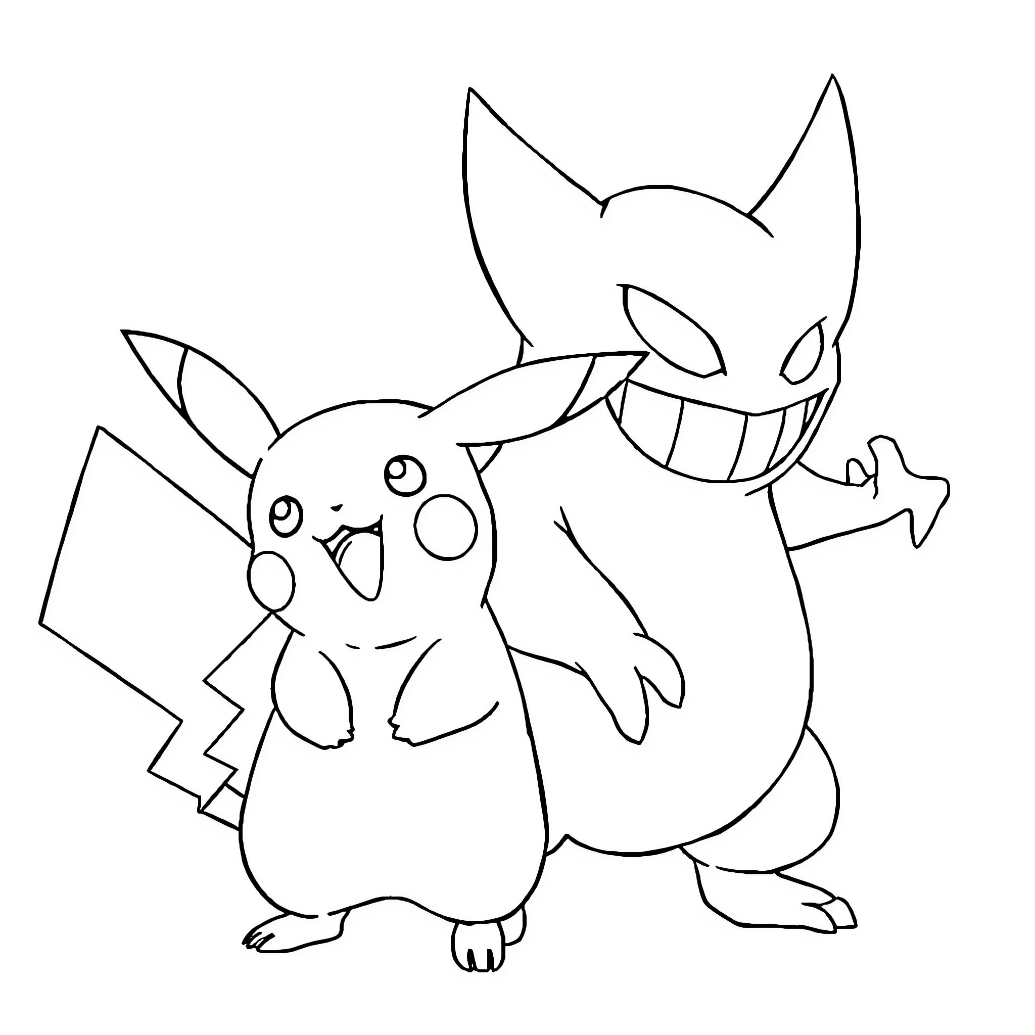Pikachu and Gengar playing together Coloring Page (free black-and-white line drawing printable PDF for all, from beginners to advanced learners, including children, teens, adults, and seniors)