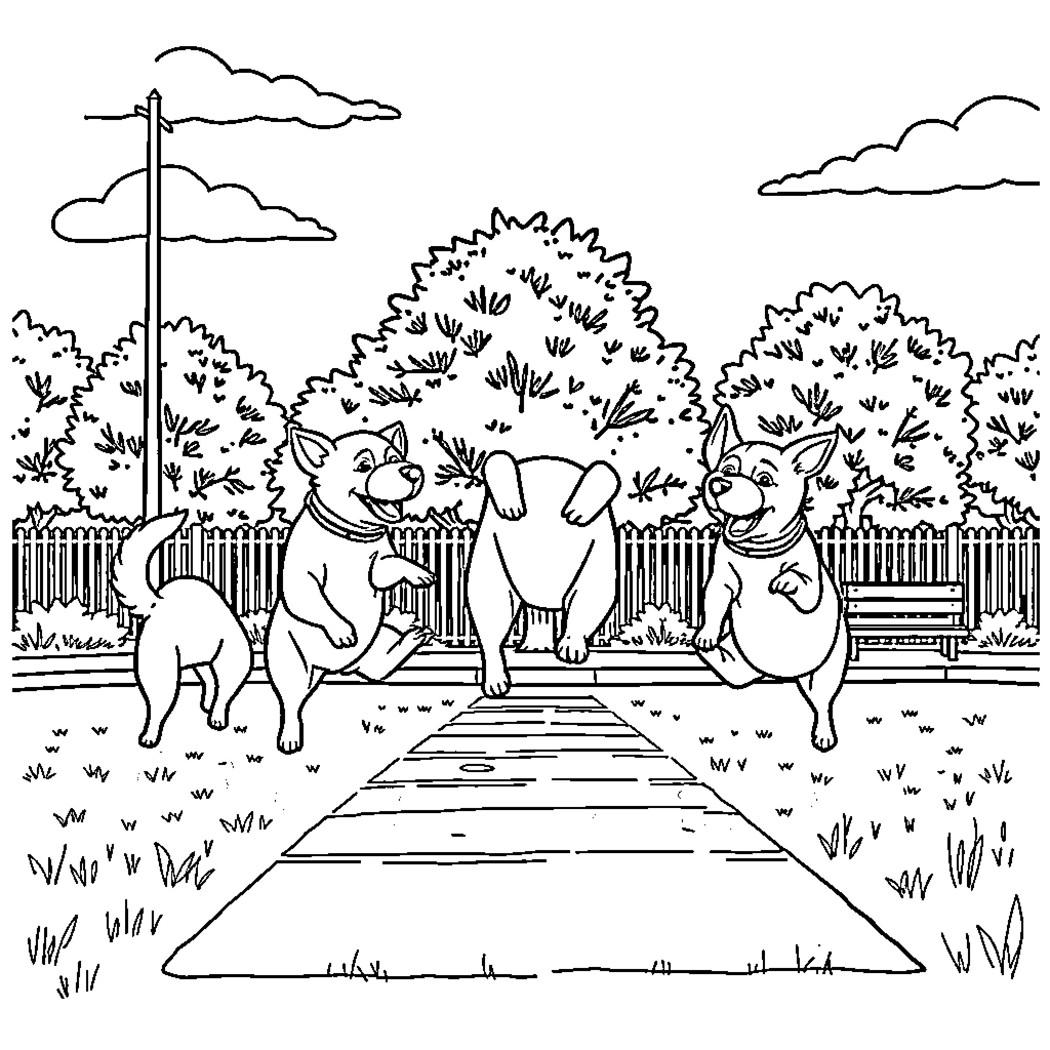 Dogs enjoying a walk on a path in the park Coloring Page (free black-and-white line drawing printable PDF for all, from beginners to advanced learners, including children, teens, adults, and seniors)