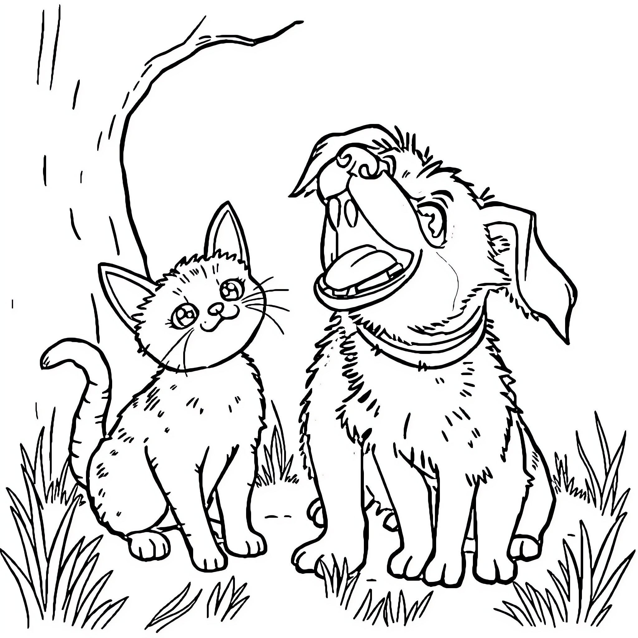 Dog and cat playing together outdoors Coloring Page (free black-and-white line drawing printable PDF for all, from beginners to advanced learners, including children, teens, adults, and seniors)
