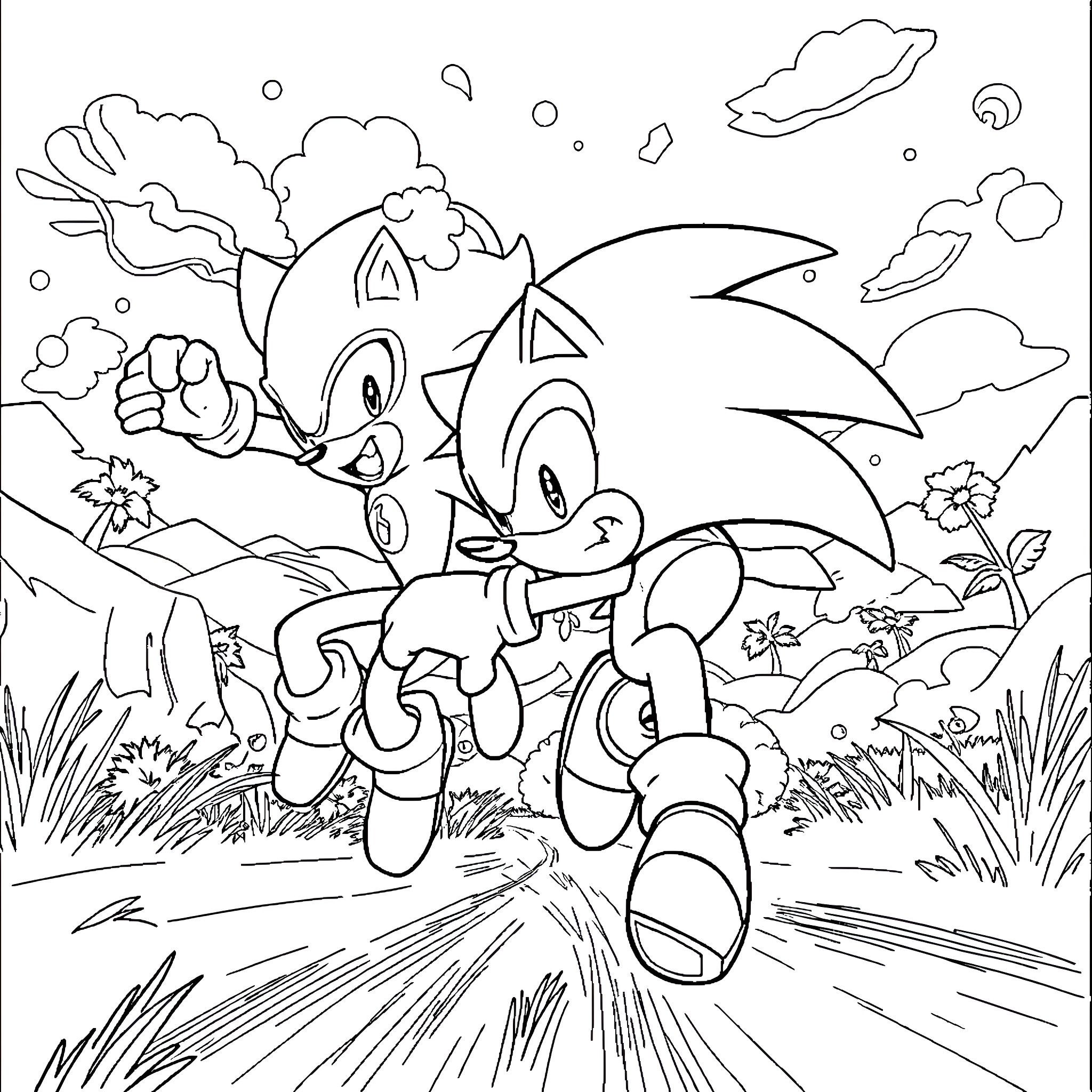 Sonic and Friends Exploring Vibrant Landscape Coloring Page (free black-and-white line drawing printable PDF for all, from beginners to advanced learners, including children, teens, adults, and seniors)