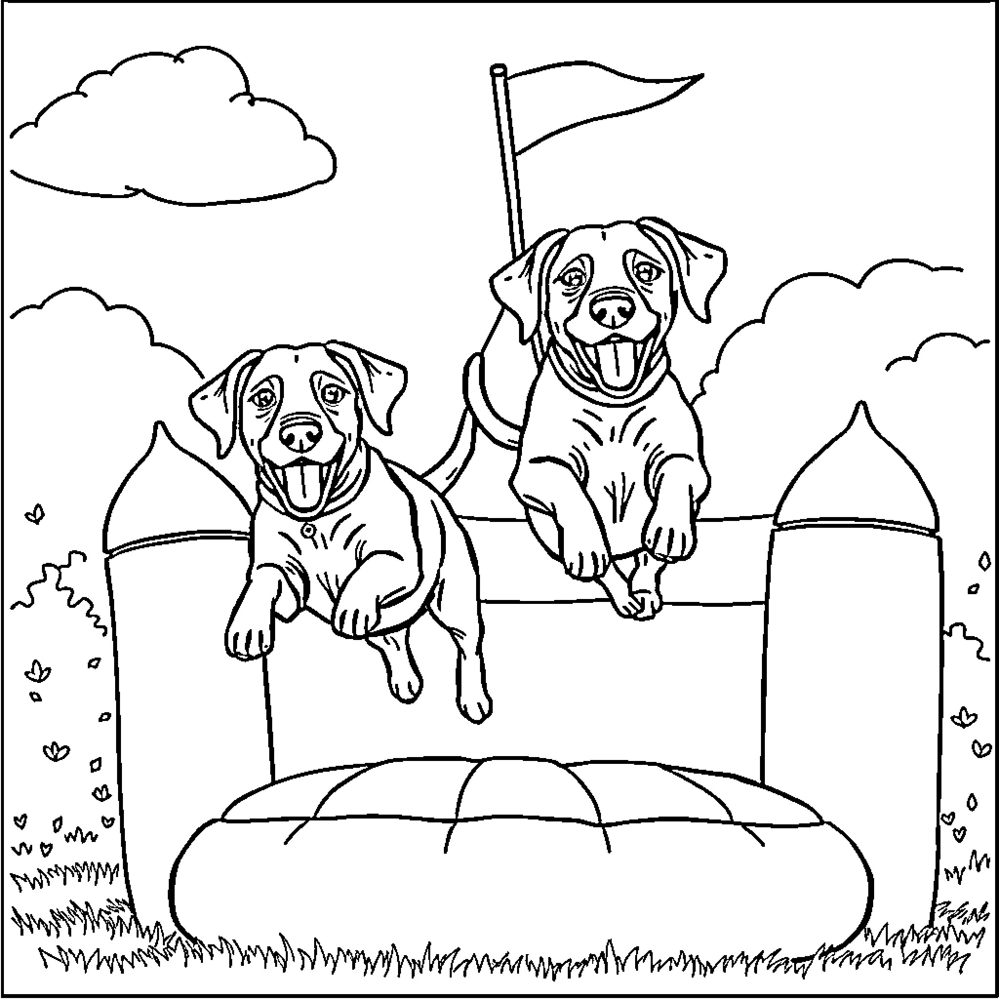Labrador companions enjoying an outdoor adventure Coloring Page (free black-and-white line drawing printable PDF for all, from beginners to advanced learners, including children, teens, adults, and seniors)
