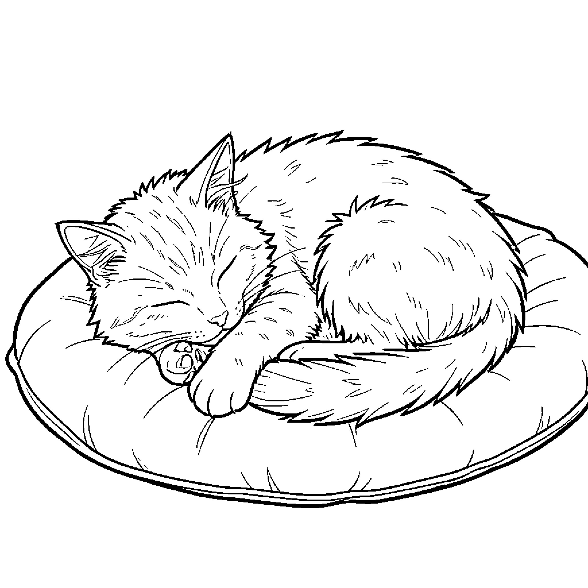 Cat sleeping peacefully on a cozy cushion Coloring Page (free black-and-white line drawing printable PDF for all, from beginners to advanced learners, including children, teens, adults, and seniors)