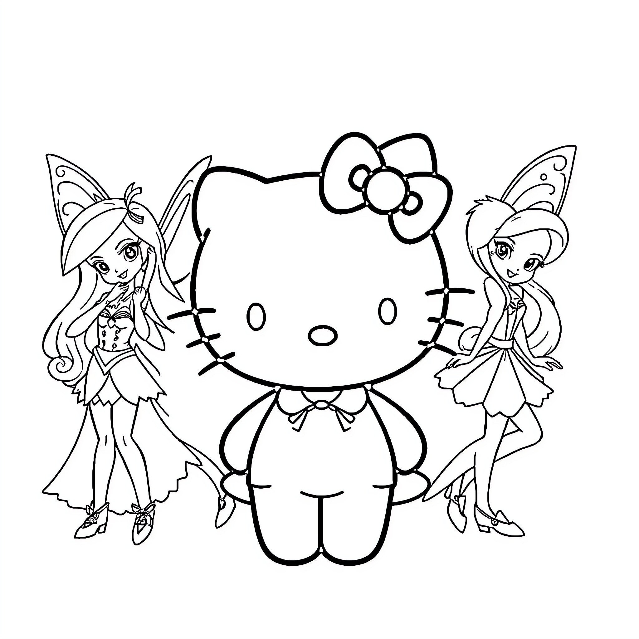 Hello Kitty in a Fairy Tale Scene Coloring Page (free black-and-white line drawing printable PDF for all, from beginners to advanced learners, including children, teens, adults, and seniors)