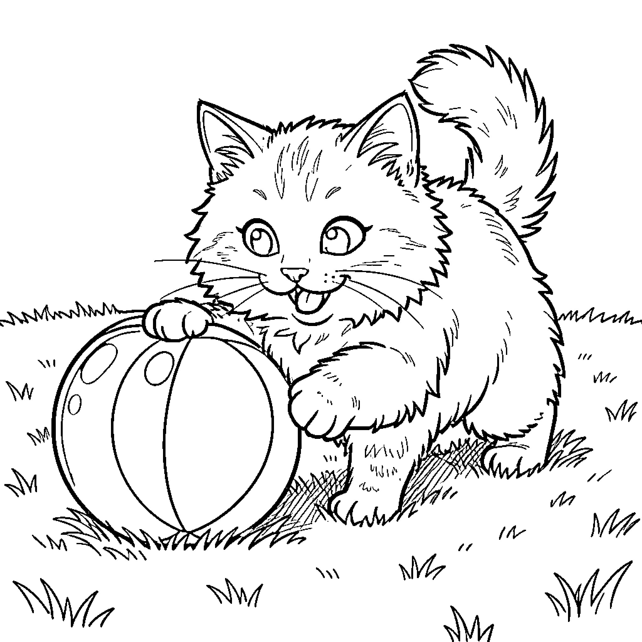 Cat Playing with a Ball in the Grass Coloring Page (free black-and-white line drawing printable PDF for all, from beginners to advanced learners, including children, teens, adults, and seniors)