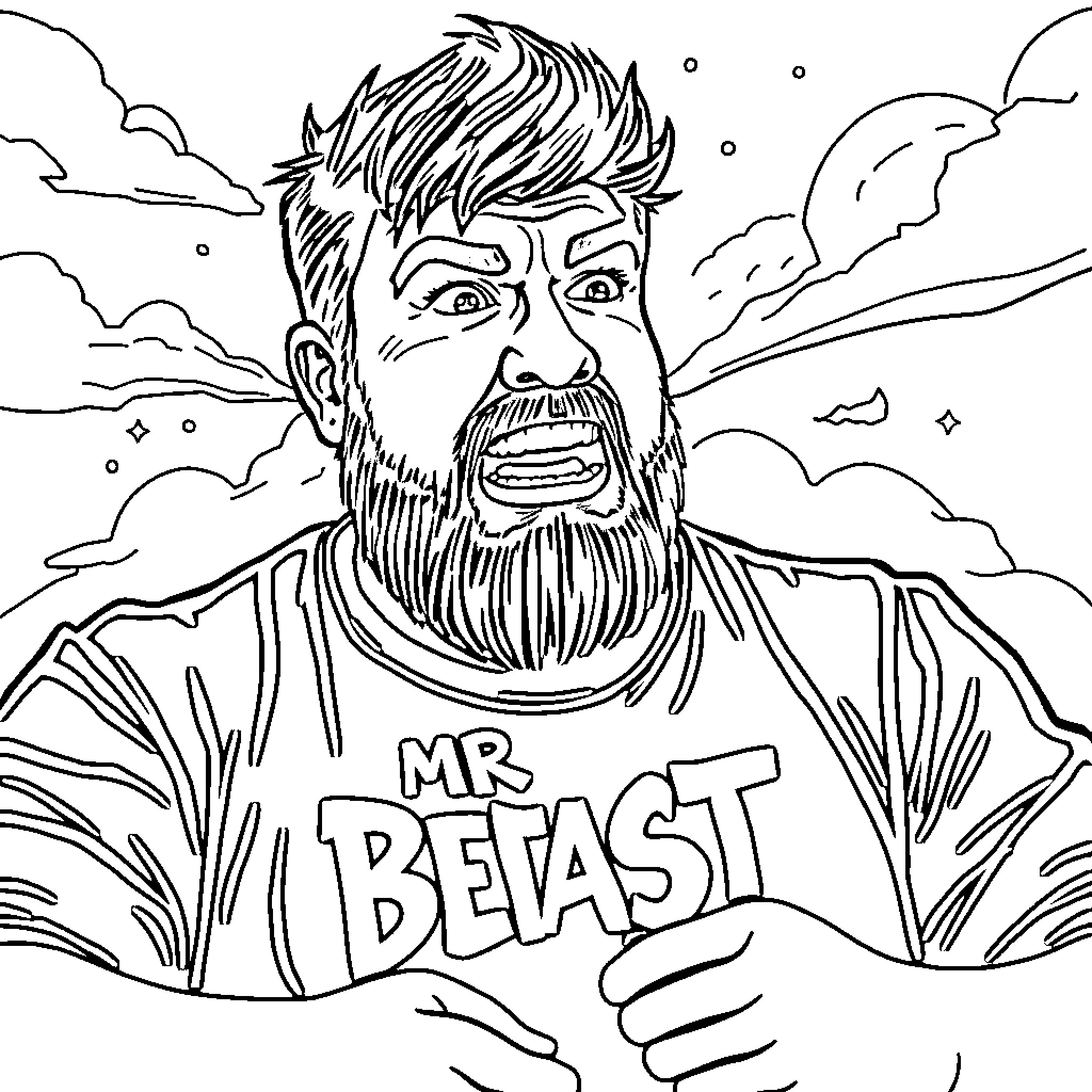 Mr Beast's Intense Expression in Dramatic Scene Coloring Page (free black-and-white line drawing printable PDF for all, from beginners to advanced learners, including children, teens, adults, and seniors)