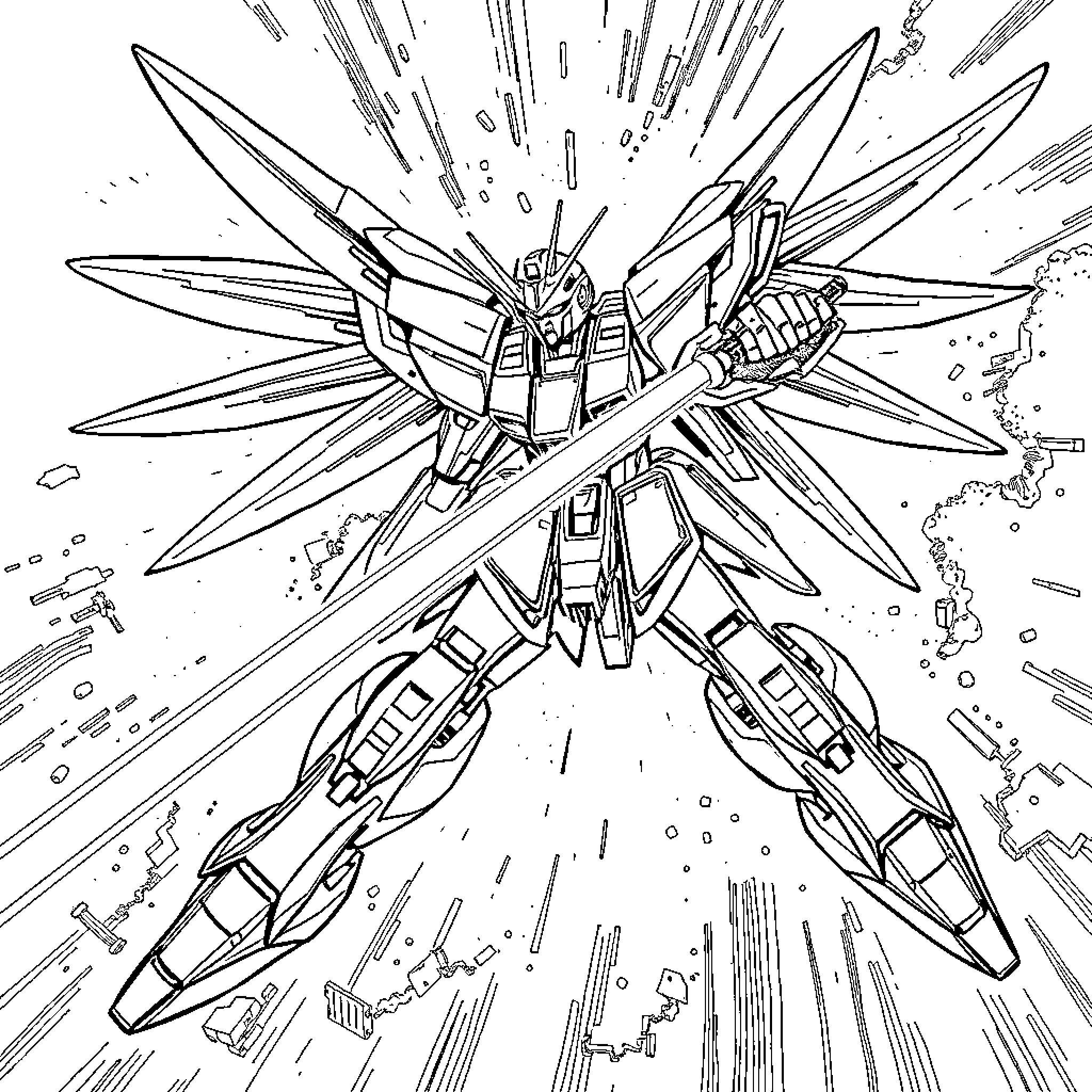 Wing Gundam in an Explosive Battle Scene Coloring Page (free black-and-white line drawing printable PDF for all, from beginners to advanced learners, including children, teens, adults, and seniors)