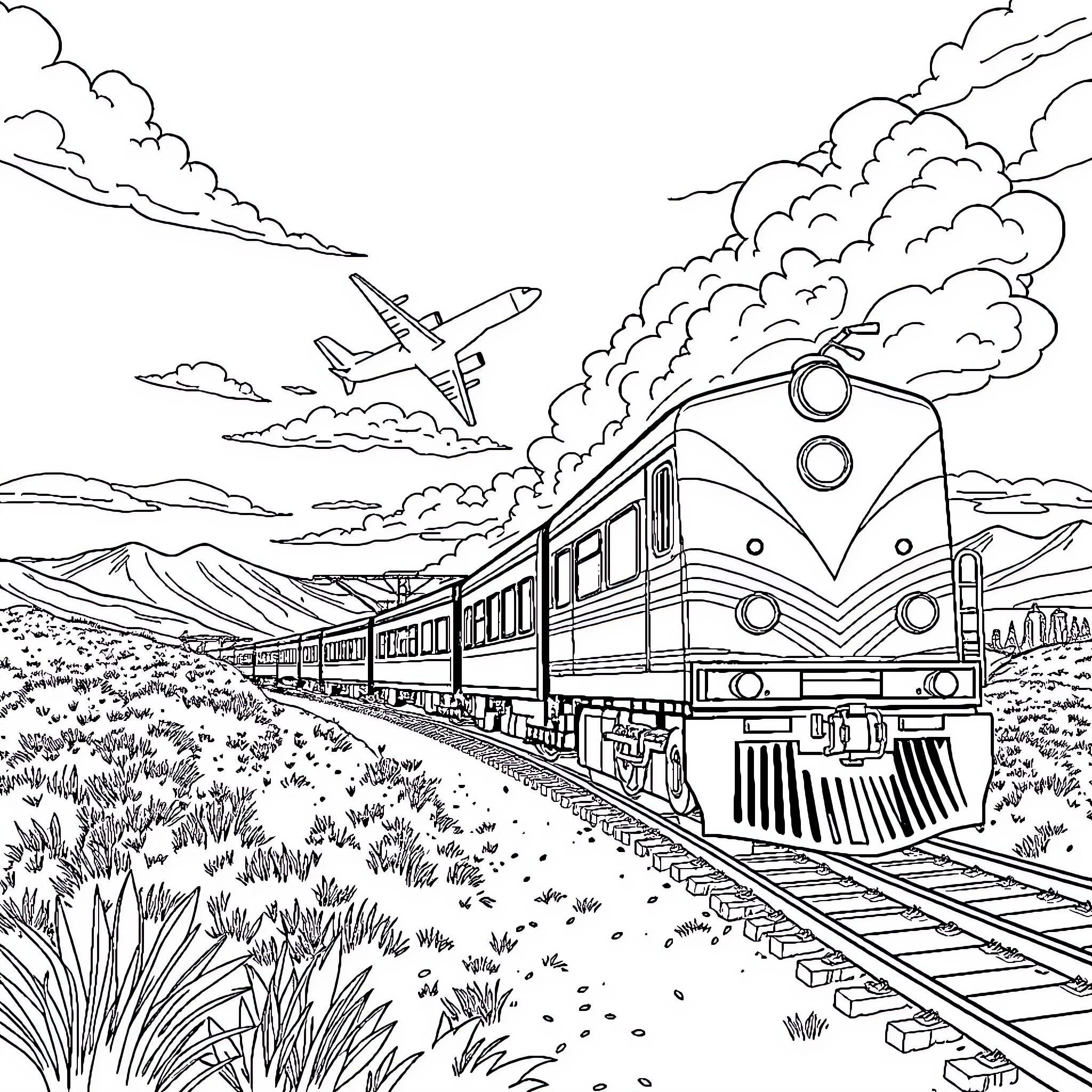 Airplane and Train racing through the countryside Coloring Page (free black-and-white line drawing printable PDF for all, from beginners to advanced learners, including children, teens, adults, and seniors)