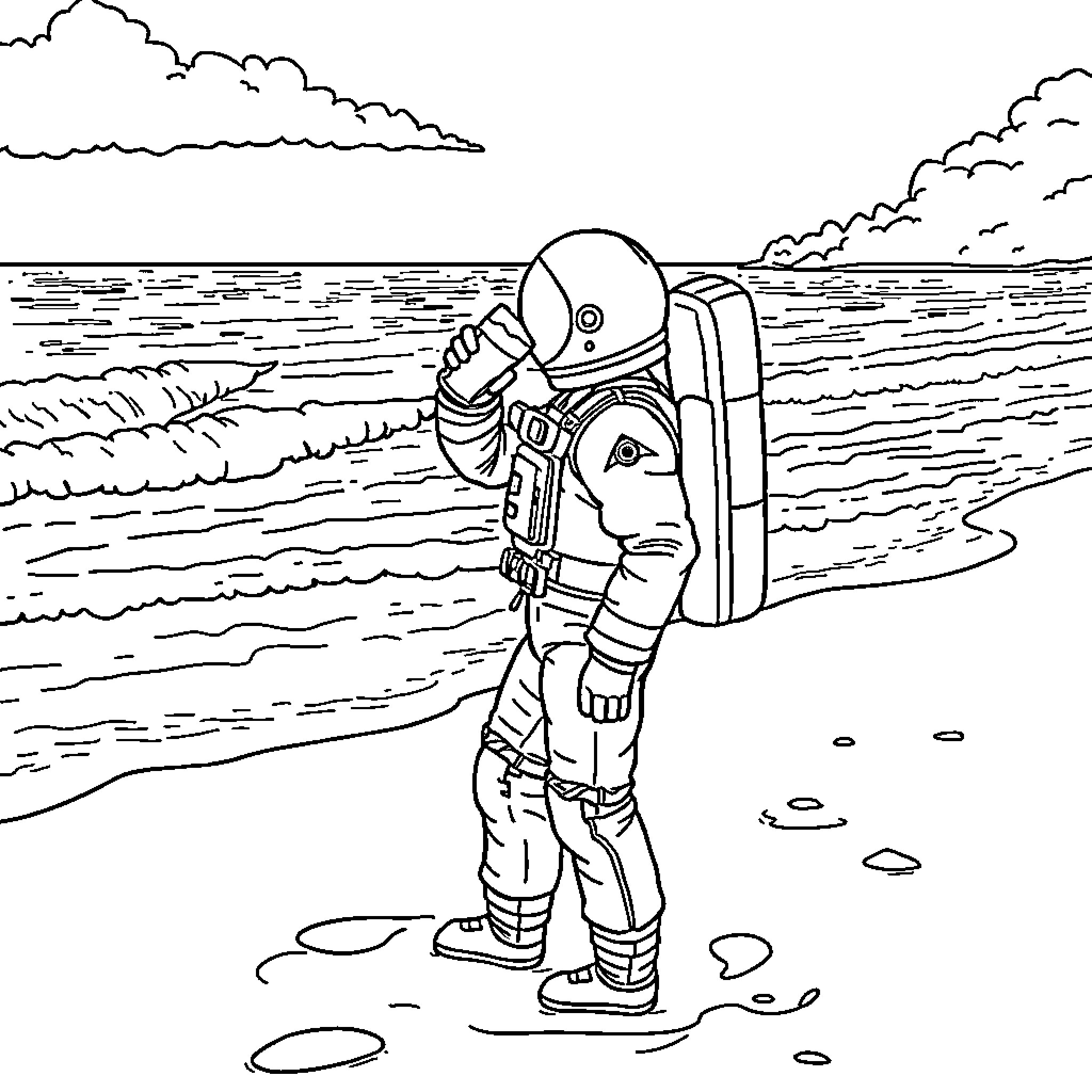 Astronaut exploring the barren landscape Coloring Page (free black-and-white line drawing printable PDF for all, from beginners to advanced learners, including children, teens, adults, and seniors)