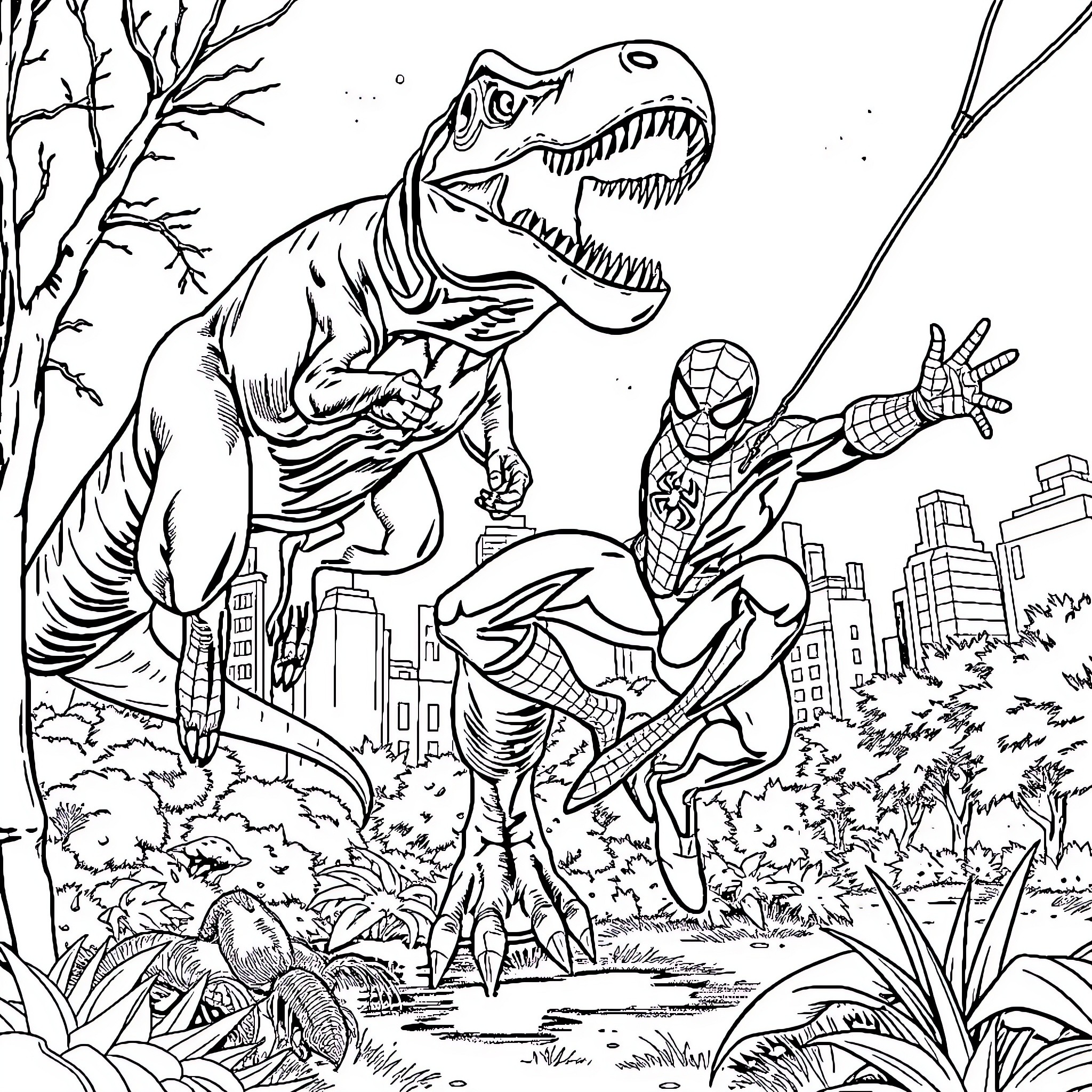 Spider-Man battles a dinosaur in the city Coloring Page (free black-and-white line drawing printable PDF for all, from beginners to advanced learners, including children, teens, adults, and seniors)