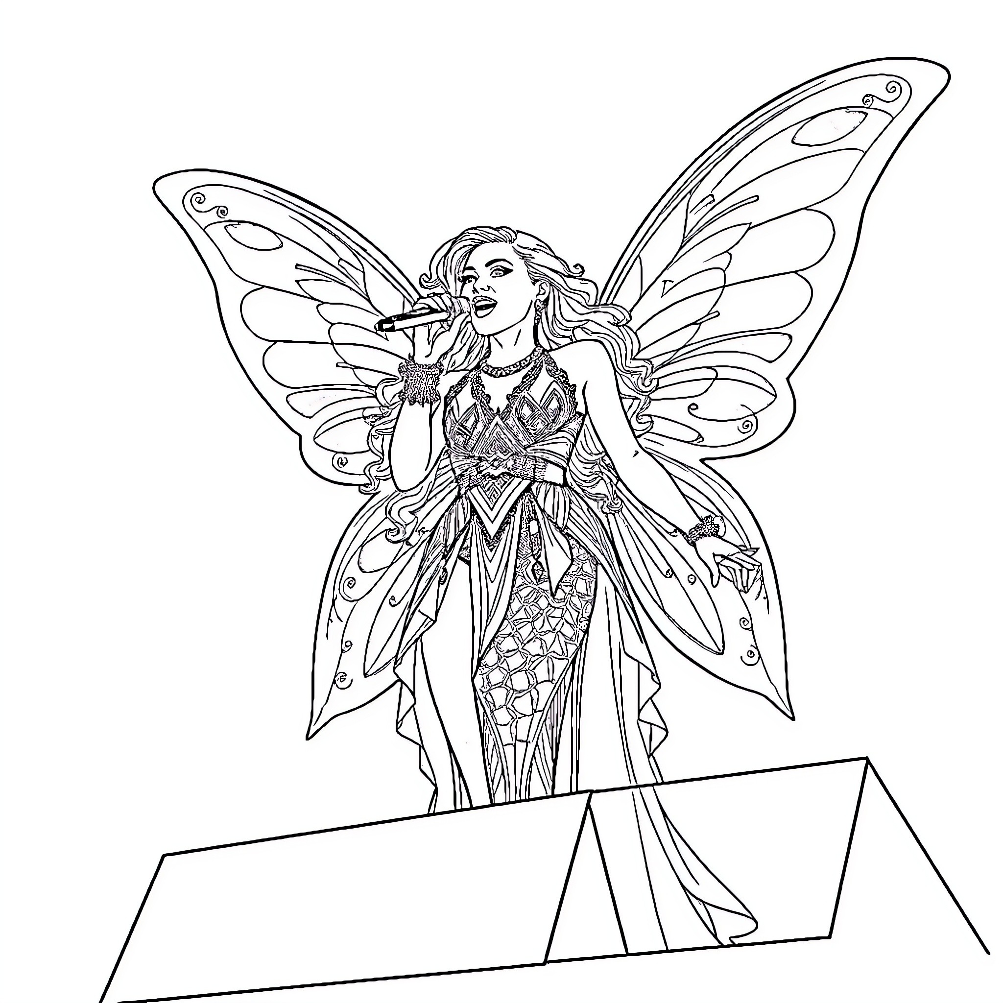 Beyonce as Mythical Fairy with Ornate Wings Coloring Page (free black-and-white line drawing printable PDF for all, from beginners to advanced learners, including children, teens, adults, and seniors)