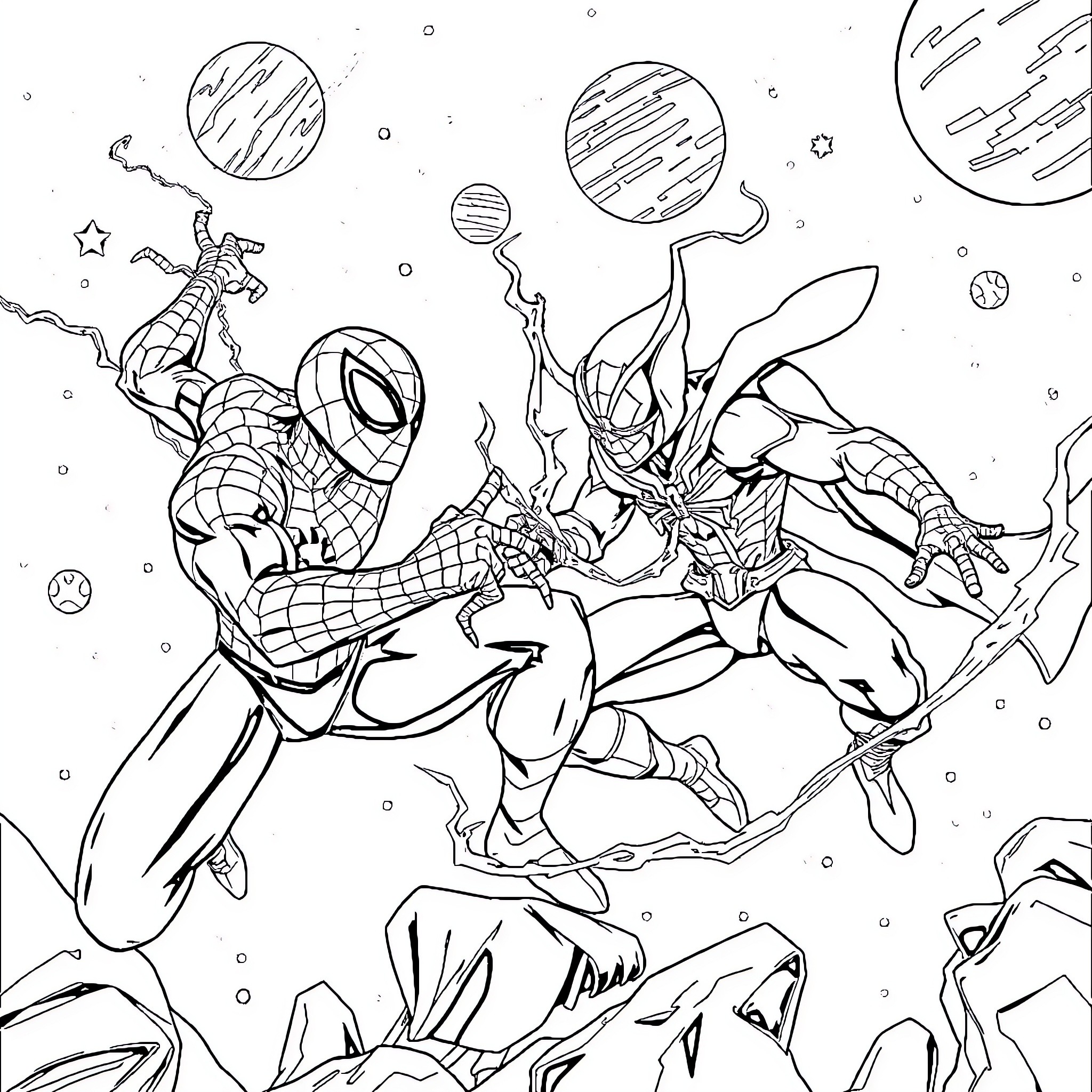 Spiderman heroically battles villains in outer space Coloring Page (free black-and-white line drawing printable PDF for all, from beginners to advanced learners, including children, teens, adults, and seniors)