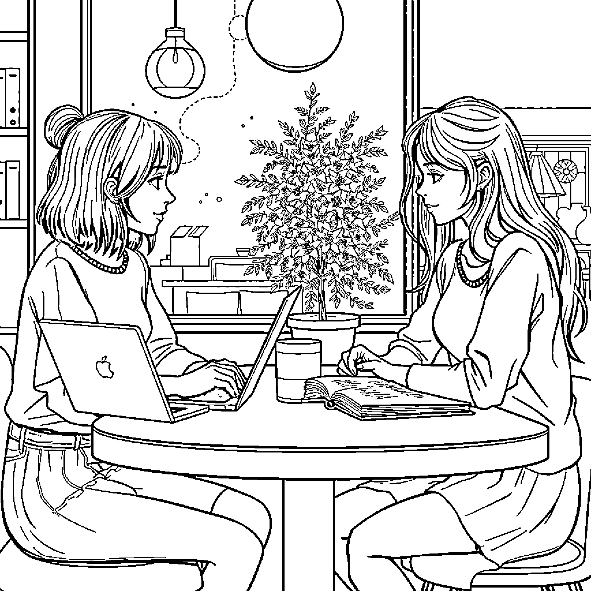 Mädchen arbeiten zusammen an einem Projekt in ihrem Zimmer Coloring Page (free black-and-white line drawing printable PDF for all, from beginners to advanced learners, including children, teens, adults, and seniors)