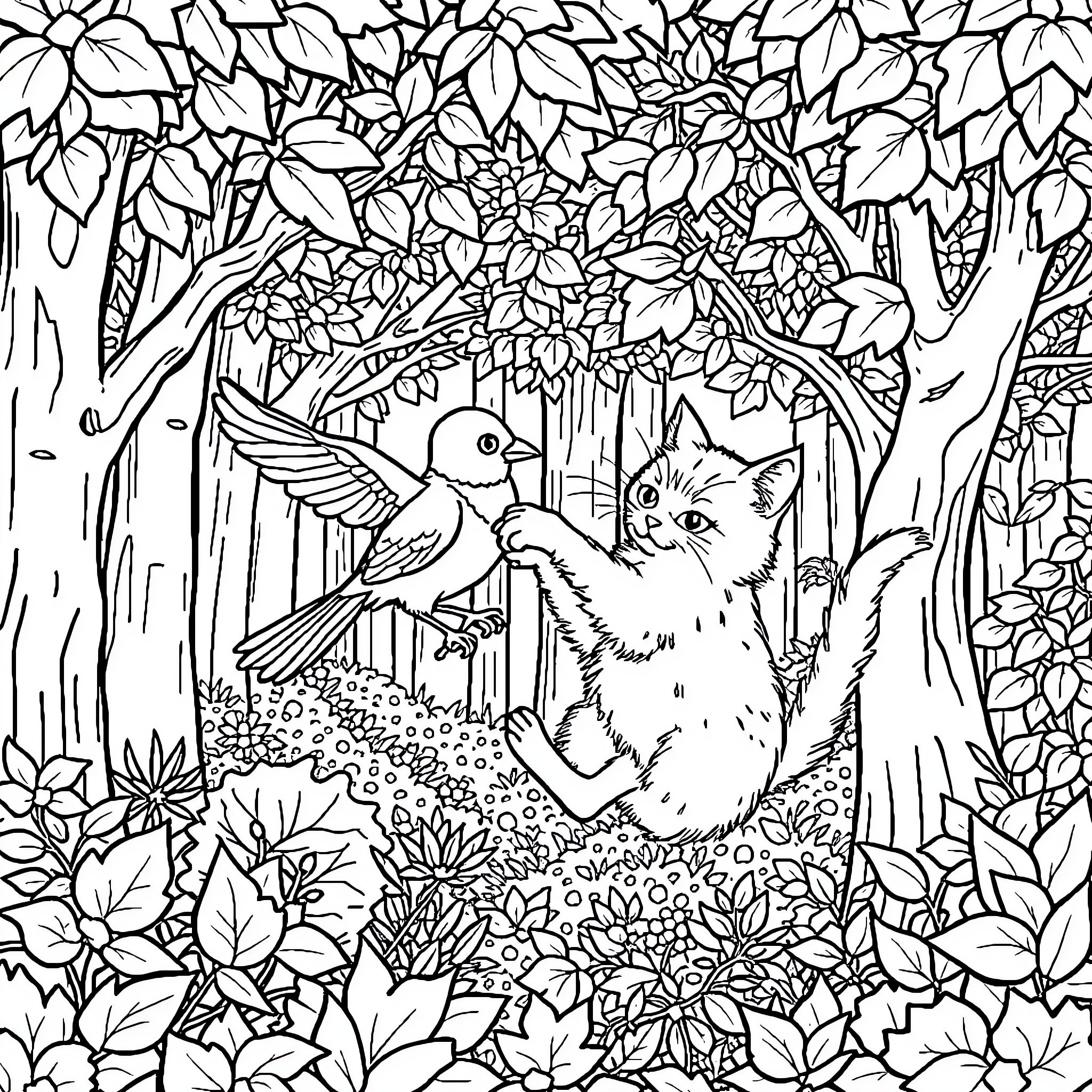 Cat exploring lush foliage and catching butterflies Coloring Page (free black-and-white line drawing printable PDF for all, from beginners to advanced learners, including children, teens, adults, and seniors)