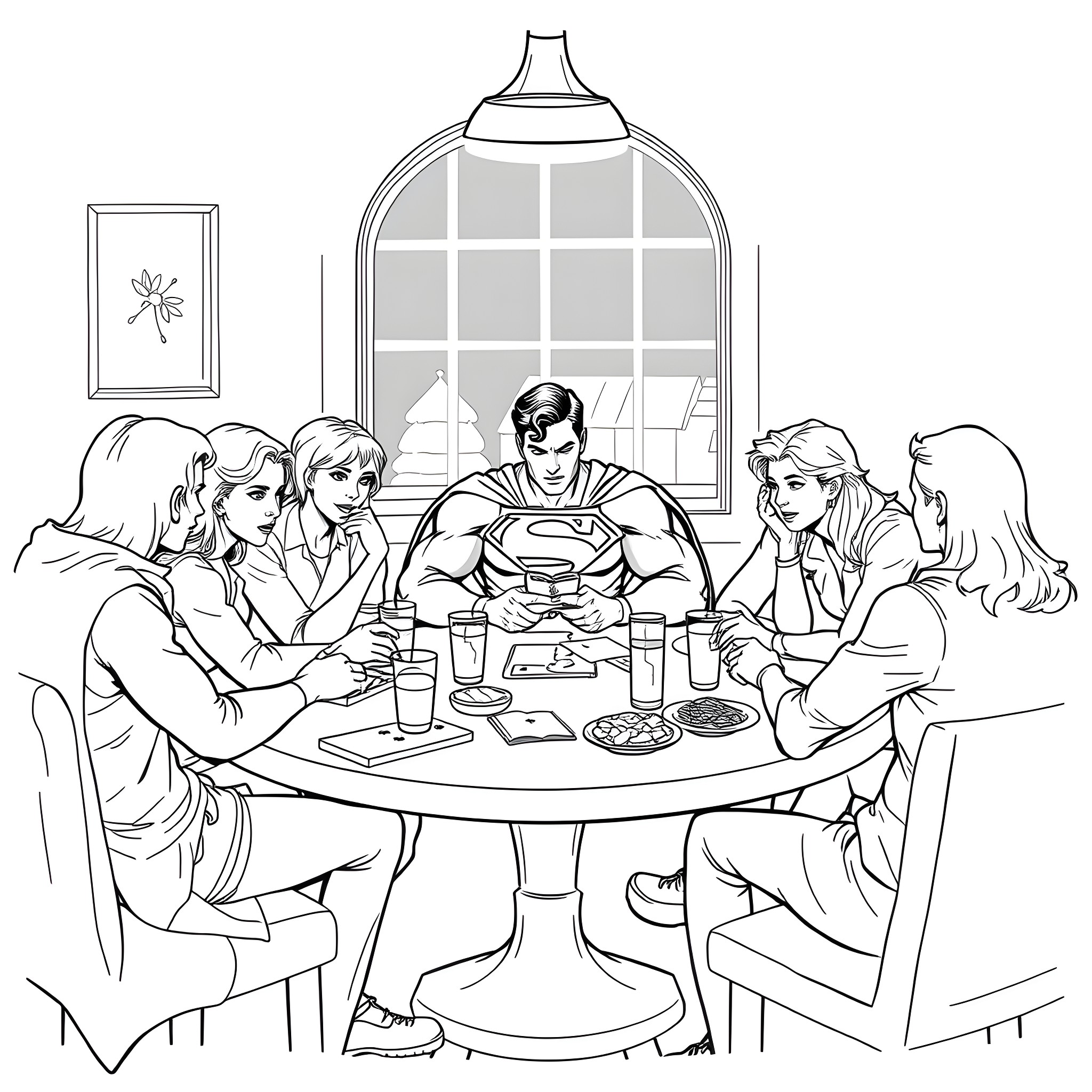 Superman enjoying a meal with friends in a cozy setting Coloring Page (free black-and-white line drawing printable PDF for all, from beginners to advanced learners, including children, teens, adults, and seniors)
