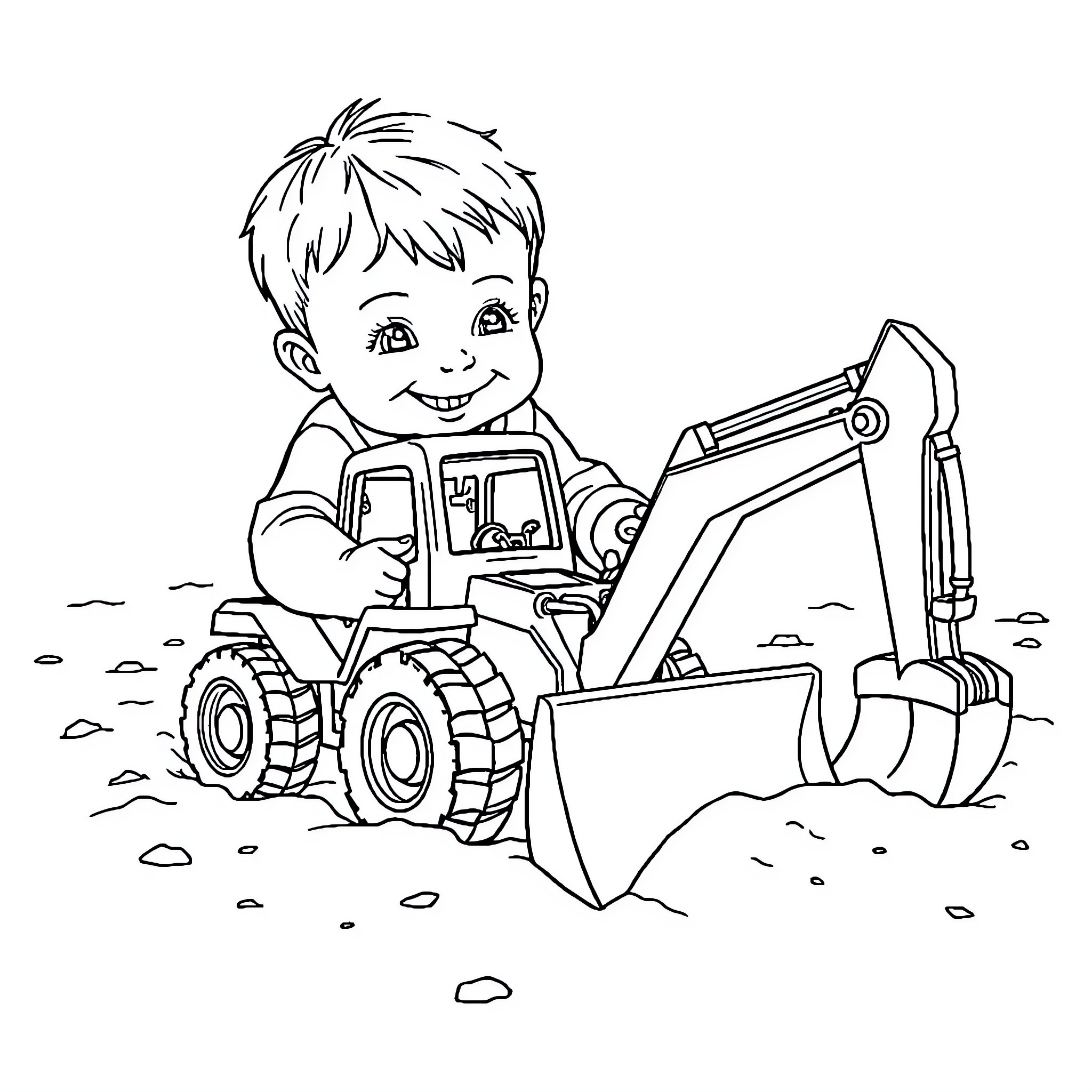 Toddler playing with construction vehicle Coloring Page (free black-and-white line drawing printable PDF for all, from beginners to advanced learners, including children, teens, adults, and seniors)