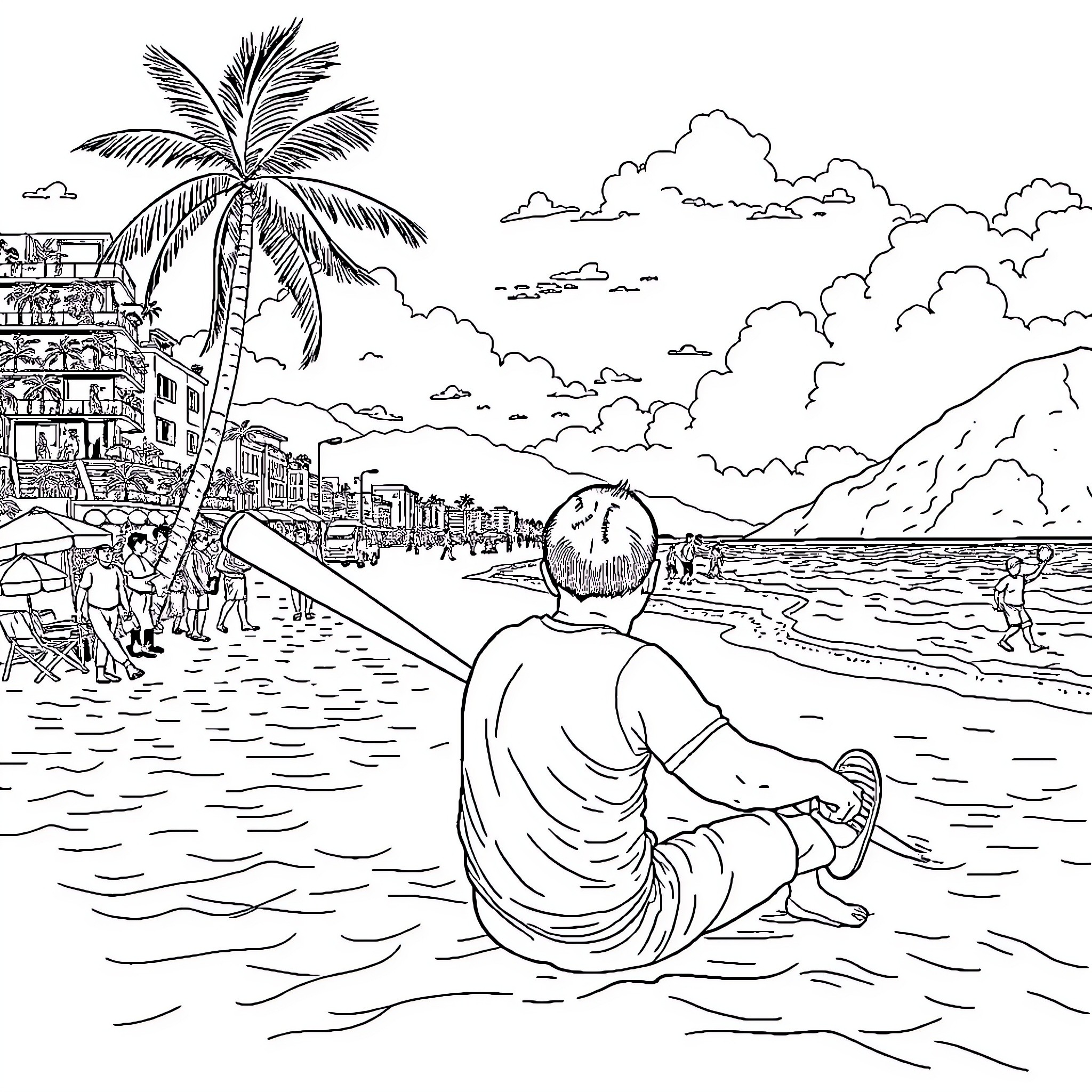 Hombre enjoying a peaceful day at the beach Coloring Page (free black-and-white line drawing printable PDF for all, from beginners to advanced learners, including children, teens, adults, and seniors)