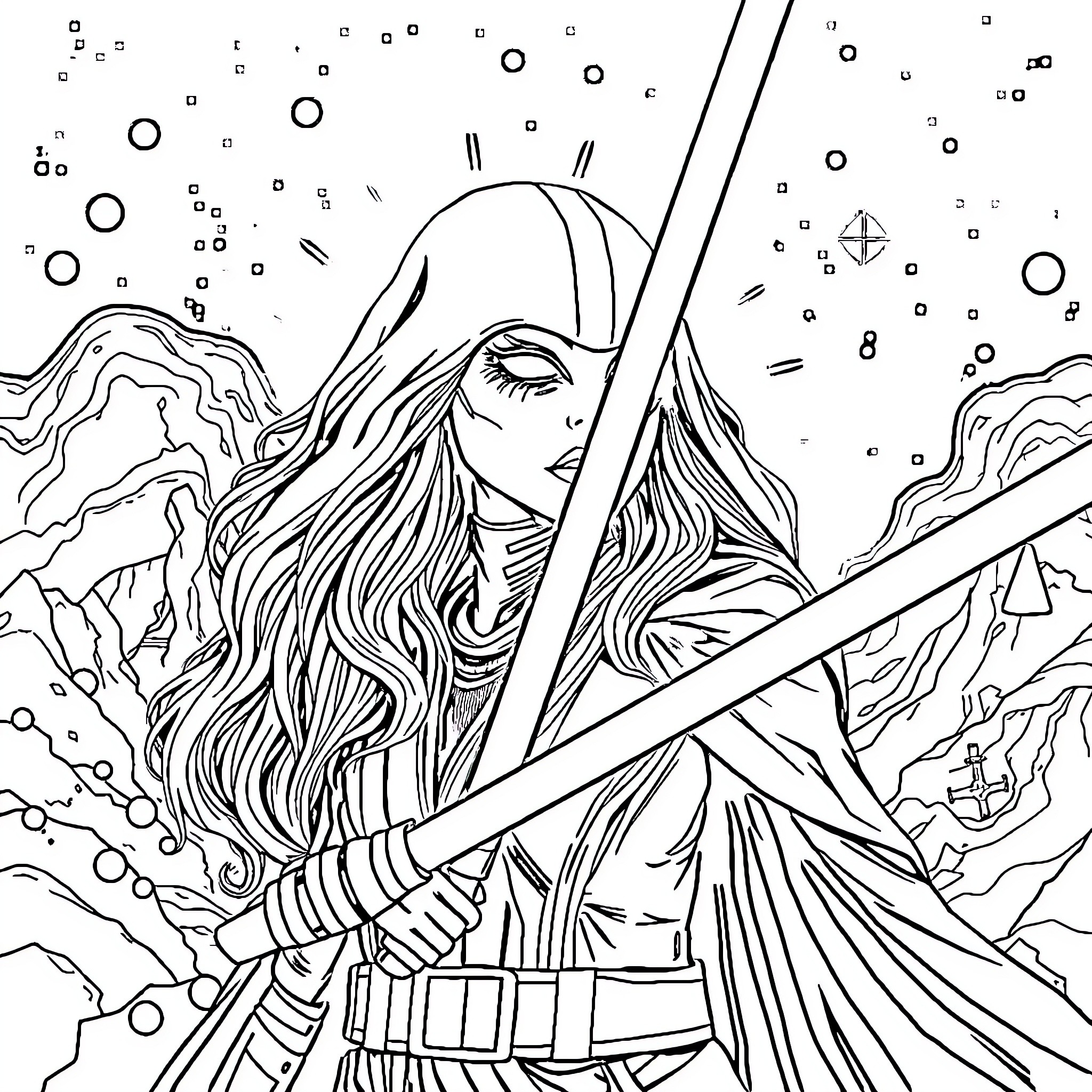 Siren warrior woman wielding dual swords in fantasy landscape Coloring Page (free black-and-white line drawing printable PDF for all, from beginners to advanced learners, including children, teens, adults, and seniors)