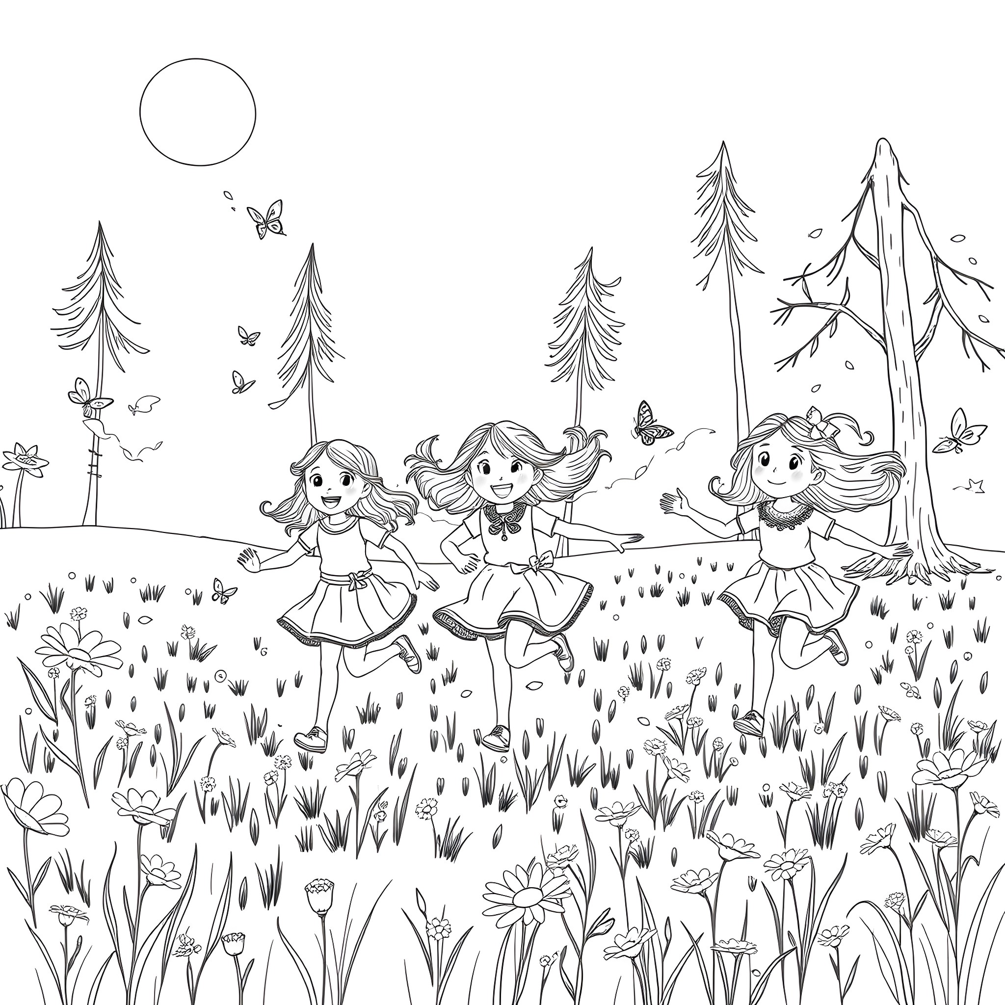 Girls playing happily in the magical forest Coloring Page (free black-and-white line drawing printable PDF for all, from beginners to advanced learners, including children, teens, adults, and seniors)