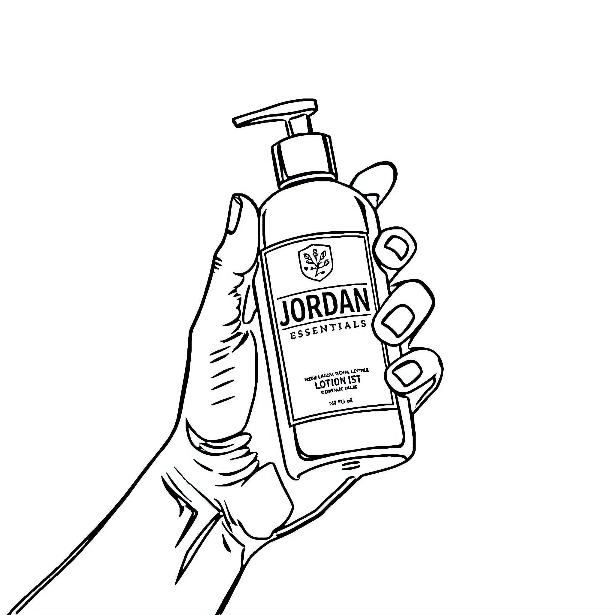 Lotion bottle held in hand Coloring Page (free black-and-white line drawing printable PDF for all, from beginners to advanced learners, including children, teens, adults, and seniors)