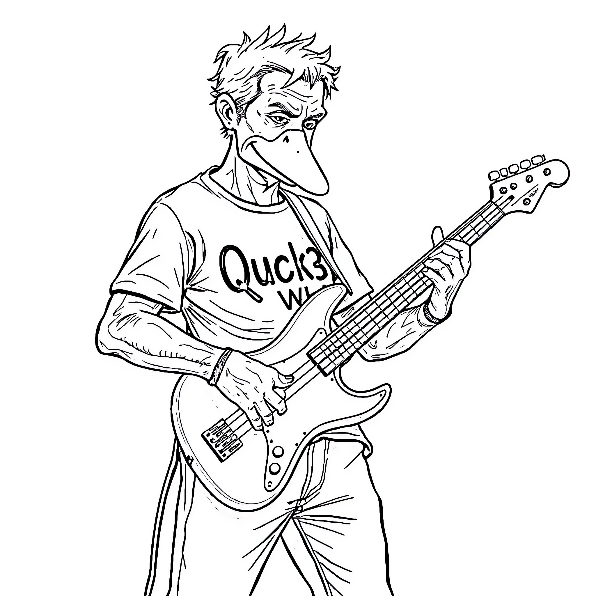Bass Guitar playing by a quirky character Coloring Page (free black-and-white line drawing printable PDF for all, from beginners to advanced learners, including children, teens, adults, and seniors)