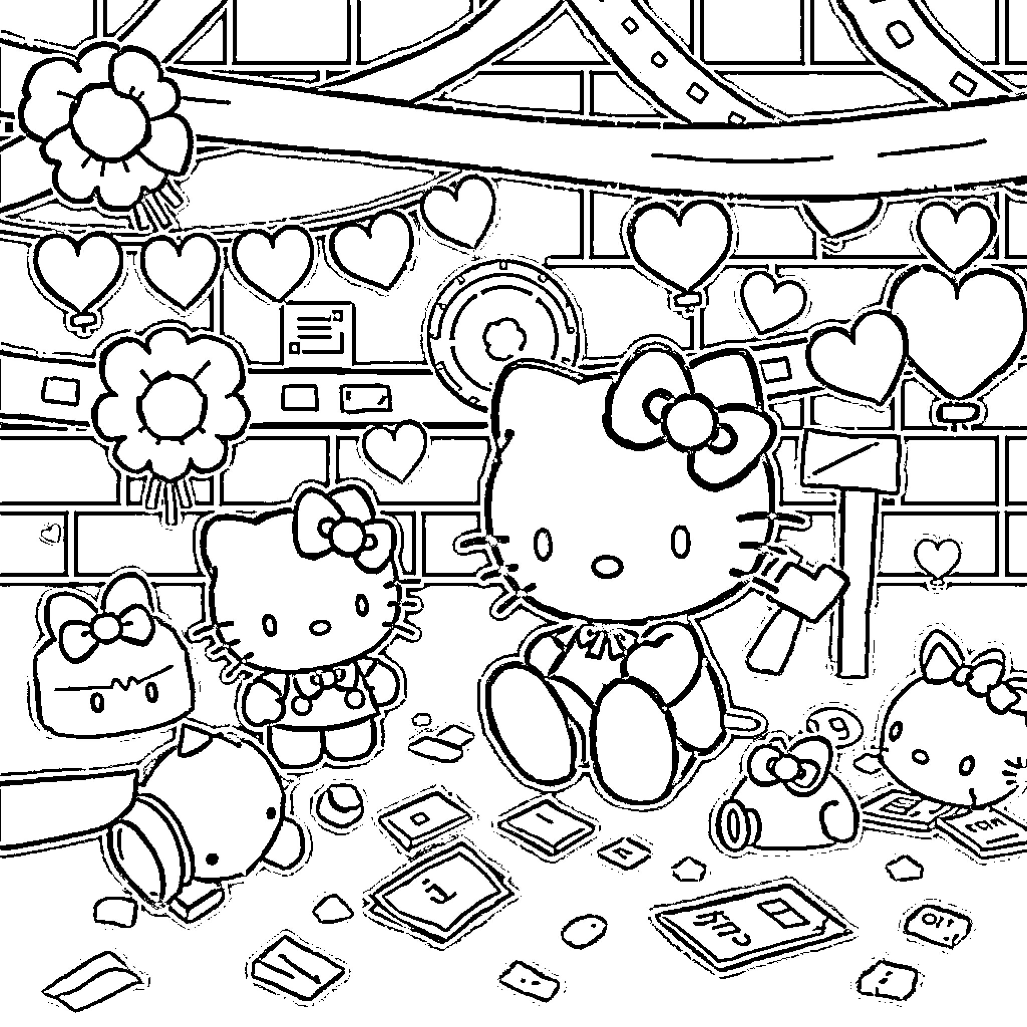Hello Kitty's Playful Imagination Coloring Page (free black-and-white line drawing printable PDF for all, from beginners to advanced learners, including children, teens, adults, and seniors)