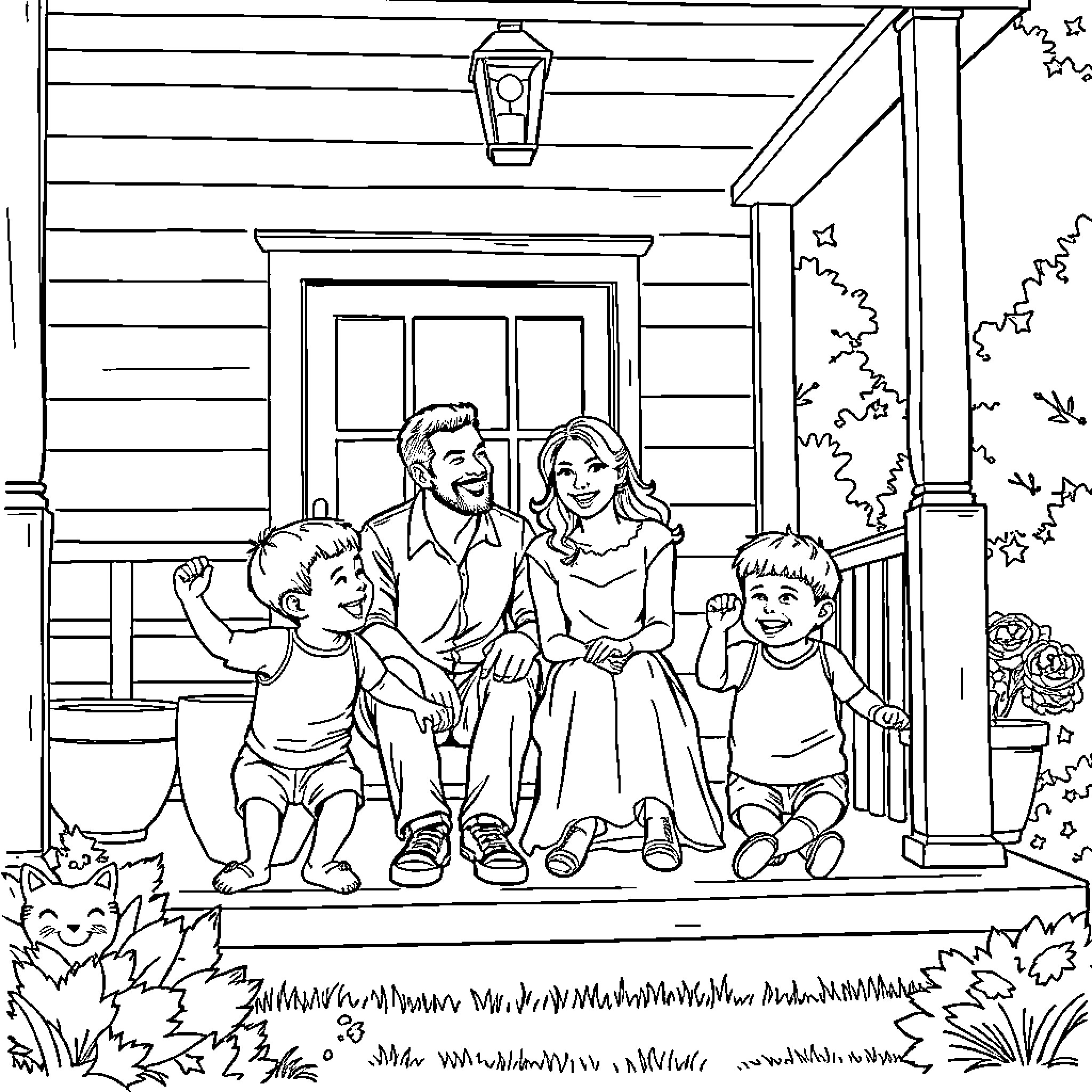 Family enjoying a peaceful moment on their porch Coloring Page (free black-and-white line drawing printable PDF for all, from beginners to advanced learners, including children, teens, adults, and seniors)