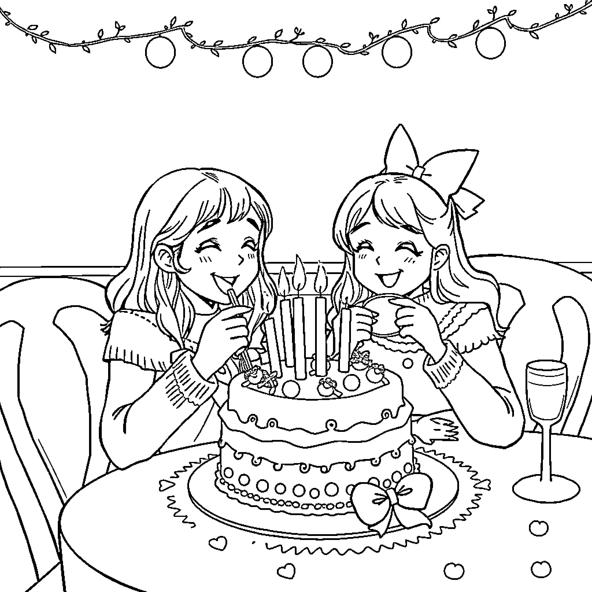 Girls Celebrating with Birthday Cake Coloring Page (free black-and-white line drawing printable PDF for all, from beginners to advanced learners, including children, teens, adults, and seniors)