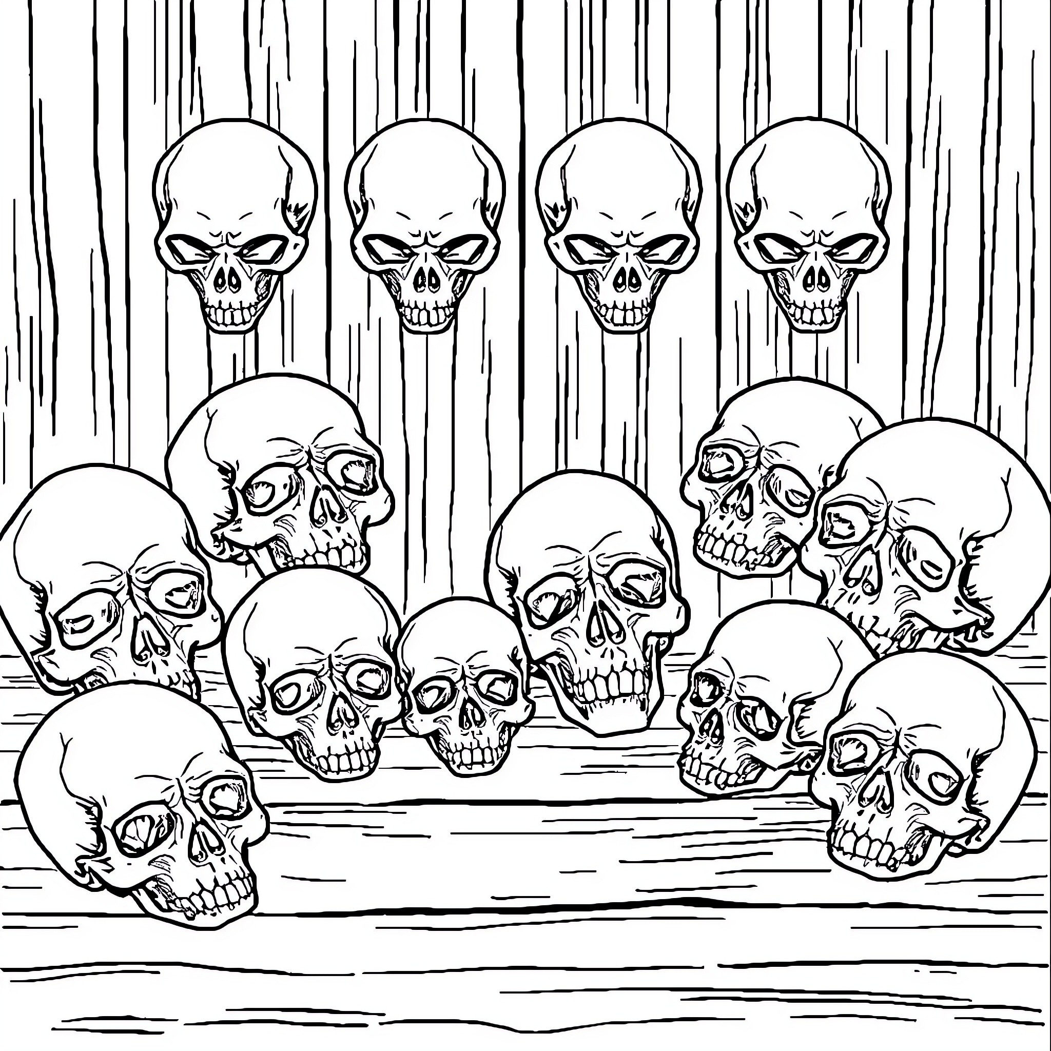 Skull Gathering on Wooden Planks Coloring Page (free black-and-white line drawing printable PDF for all, from beginners to advanced learners, including children, teens, adults, and seniors)