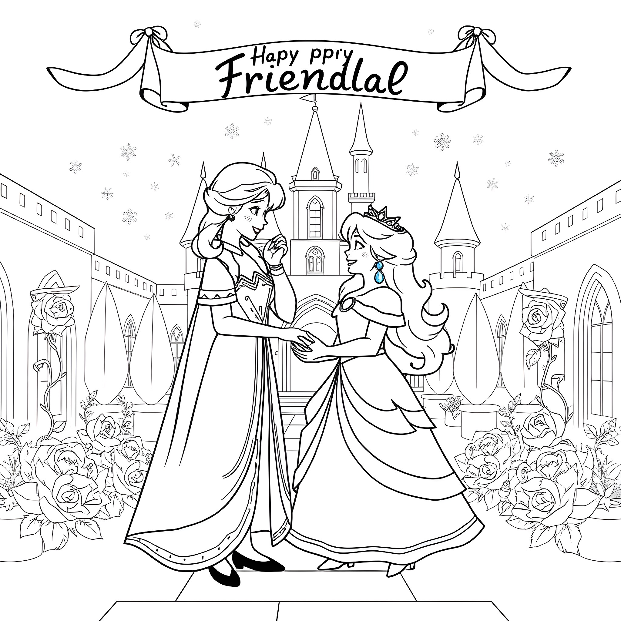Elsa and Anna enjoying a Snowy Friendsday Celebration Coloring Page (free black-and-white line drawing printable PDF for all, from beginners to advanced learners, including children, teens, adults, and seniors)