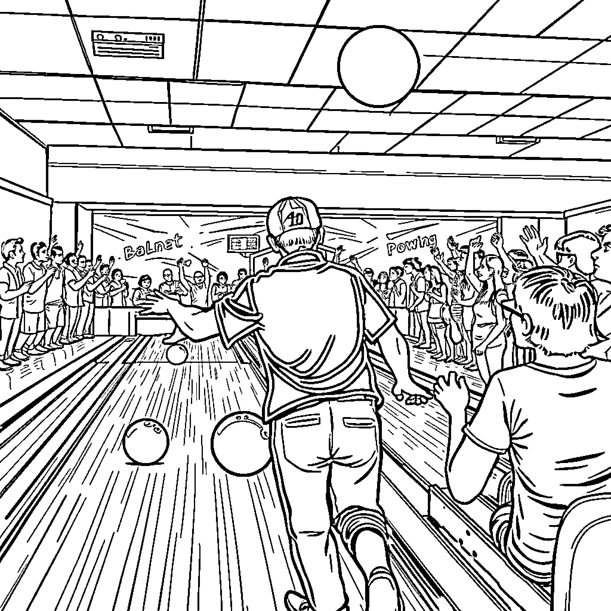 Bowling night with a lively crowd Coloring Page (free black-and-white line drawing printable PDF for all, from beginners to advanced learners, including children, teens, adults, and seniors)