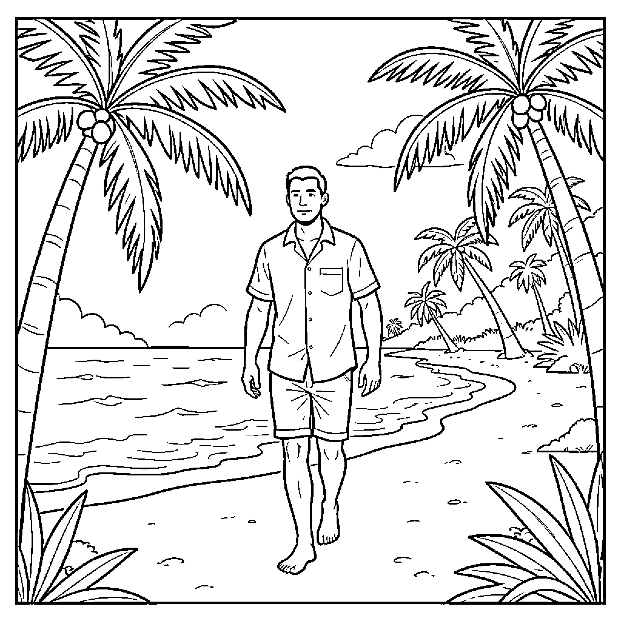 Man walking barefoot along a tropical beach Coloring Page (free black-and-white line drawing printable PDF for all, from beginners to advanced learners, including children, teens, adults, and seniors)