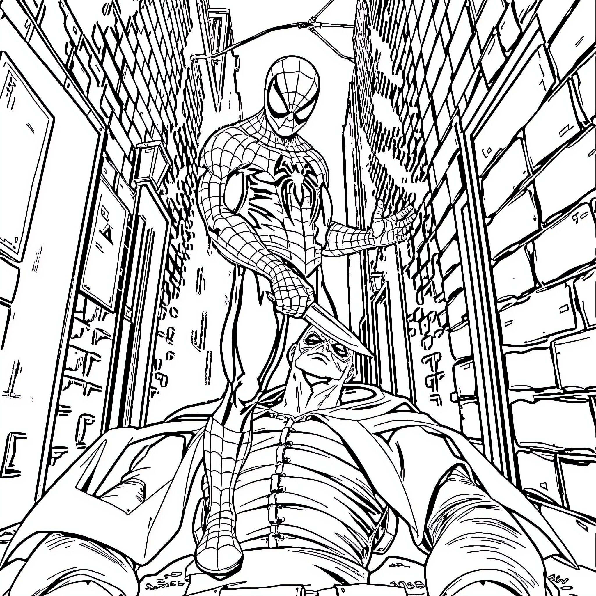 Spiderman swinging through the city streets Coloring Page (free black-and-white line drawing printable PDF for all, from beginners to advanced learners, including children, teens, adults, and seniors)