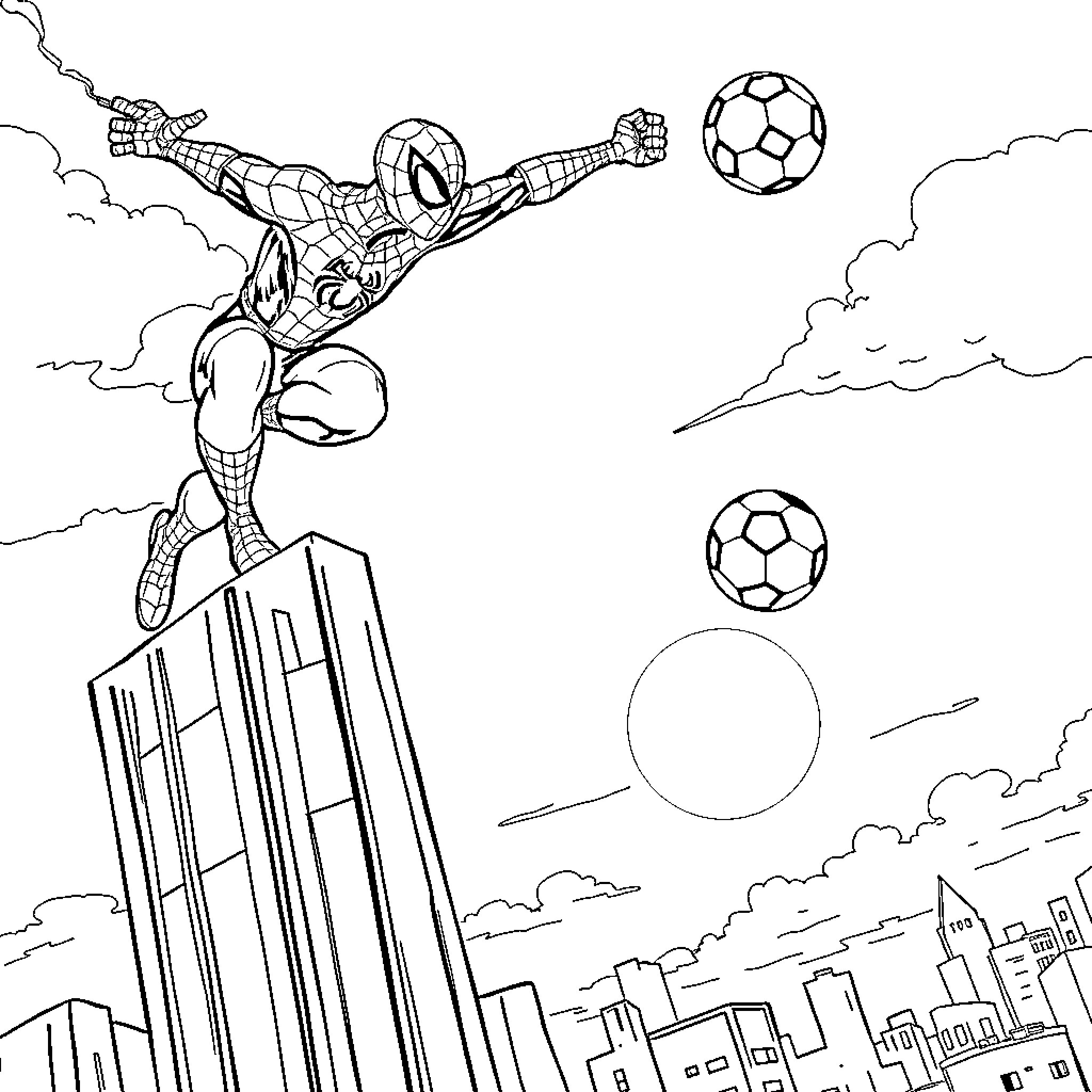 Spiderman balancing on a skyscraper near floating soccer balls Coloring Page (free black-and-white line drawing printable PDF for all, from beginners to advanced learners, including children, teens, adults, and seniors)