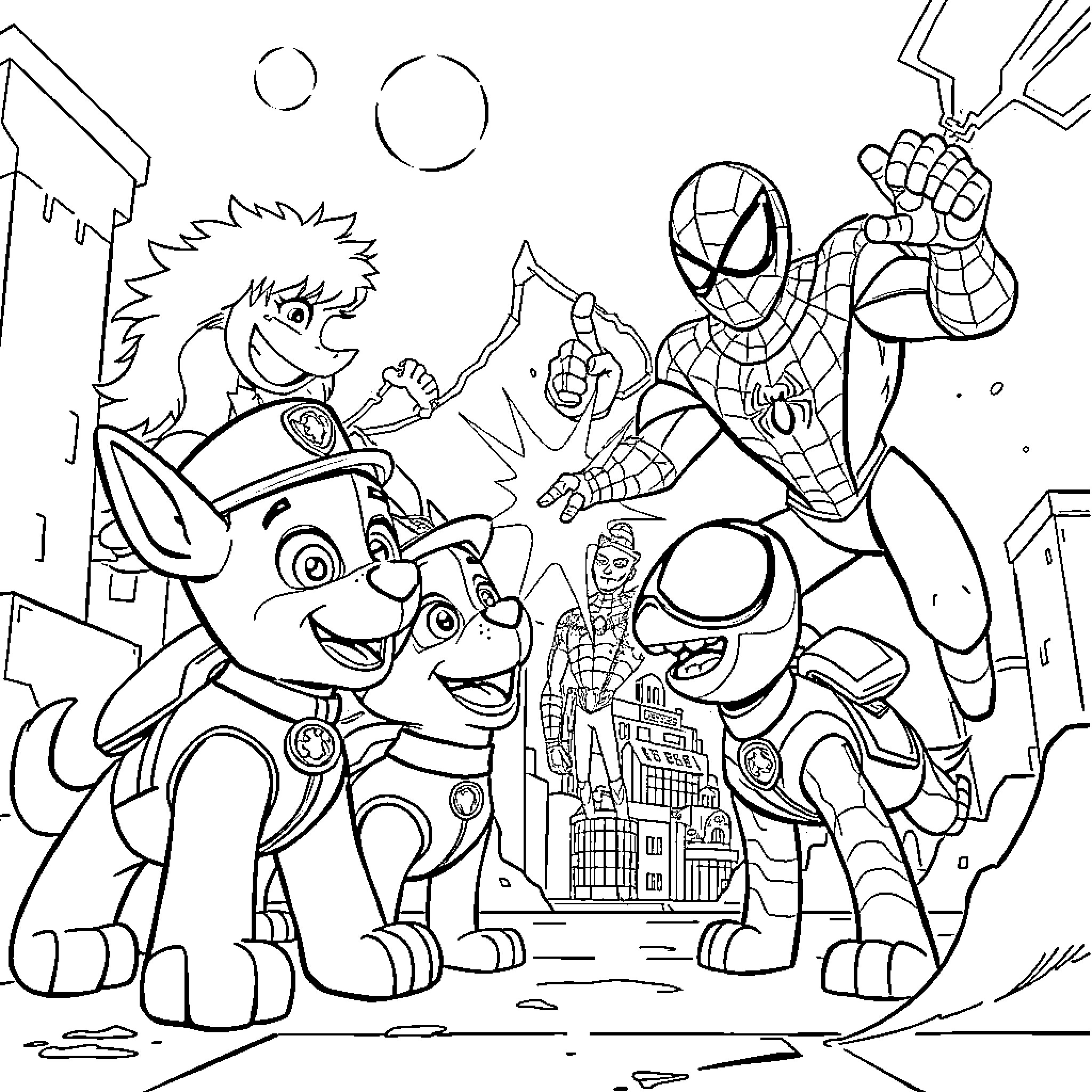 Paw Patrol team and Spider-Man saving the city Coloring Page (free black-and-white line drawing printable PDF for all, from beginners to advanced learners, including children, teens, adults, and seniors)