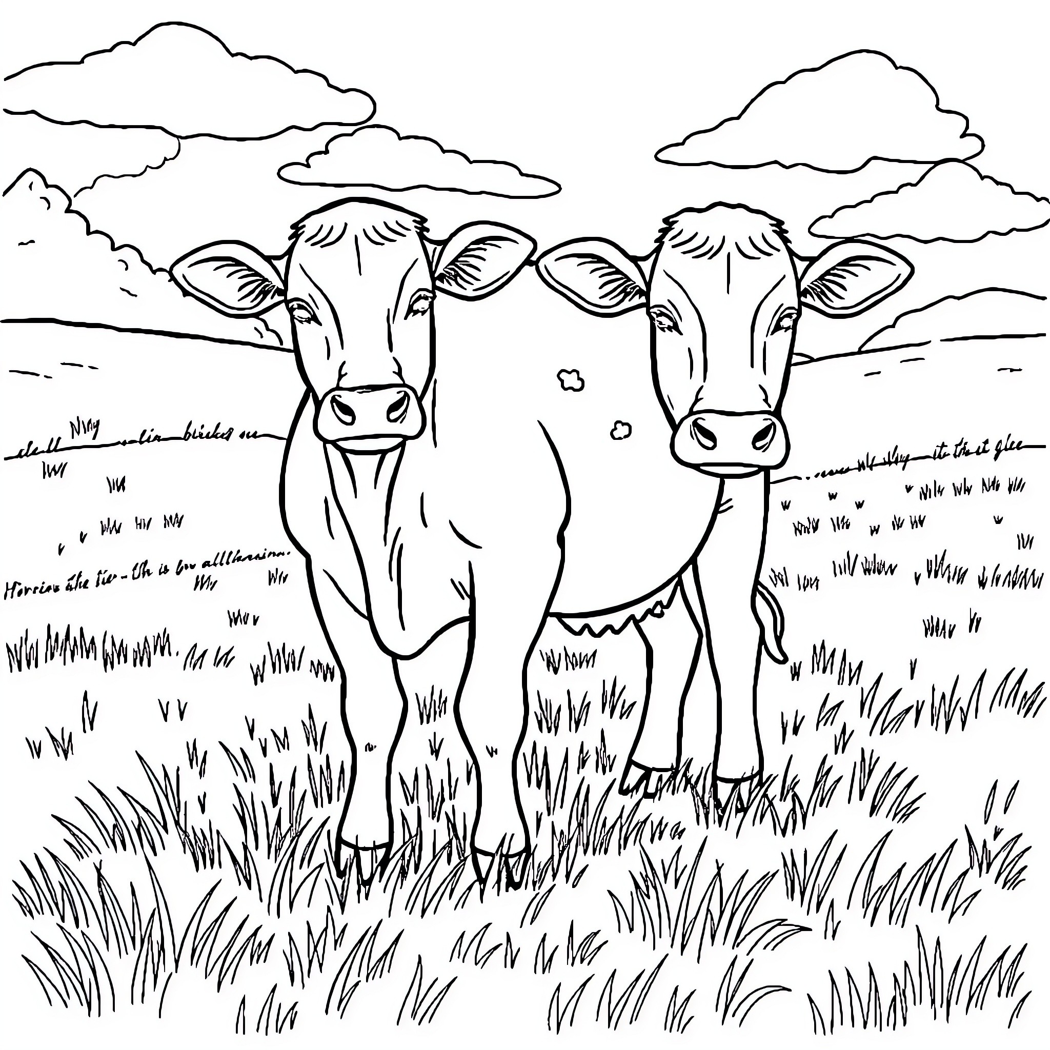 Cow duo in the field Coloring Page (free black-and-white line drawing printable PDF for all, from beginners to advanced learners, including children, teens, adults, and seniors)