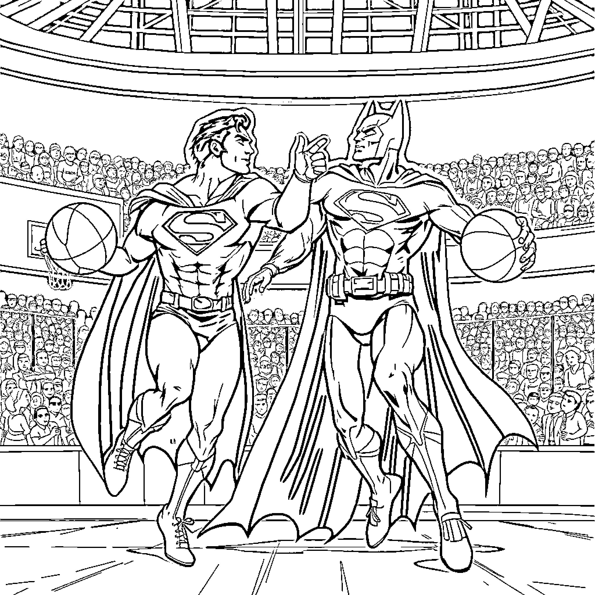 Superman and Batman Facing off in a Stadium Coloring Page (free black-and-white line drawing printable PDF for all, from beginners to advanced learners, including children, teens, adults, and seniors)