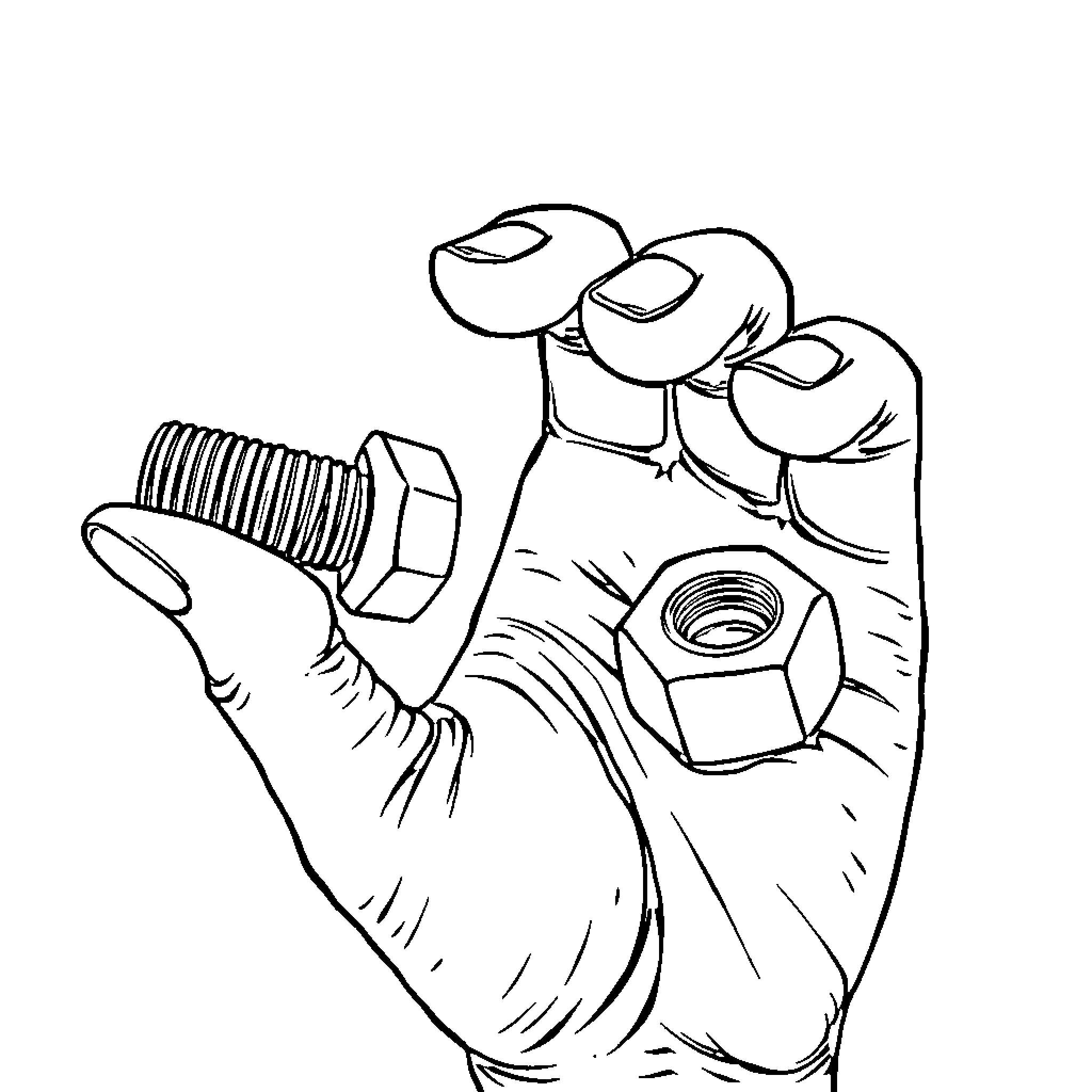 Bolt's Mighty Grip - Hand Wielding Wrench Coloring Page (free black-and-white line drawing printable PDF for all, from beginners to advanced learners, including children, teens, adults, and seniors)