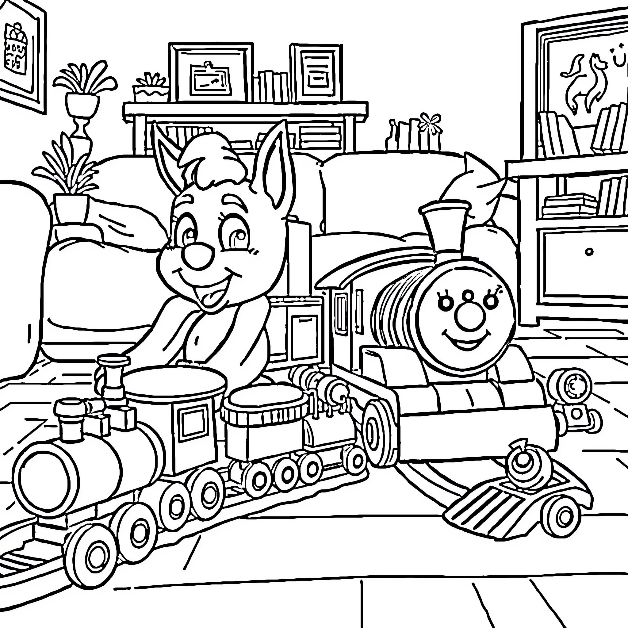 Bluey and Train Playtime in Cozy Room Coloring Page (free black-and-white line drawing printable PDF for all, from beginners to advanced learners, including children, teens, adults, and seniors)