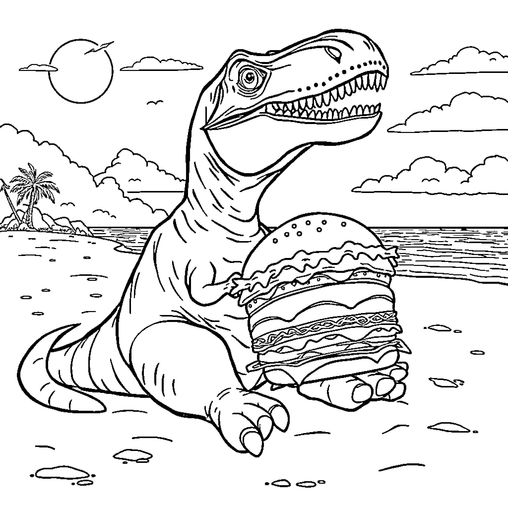 Tyrannosaurus enjoying a delightful beachside snack Coloring Page (free black-and-white line drawing printable PDF for all, from beginners to advanced learners, including children, teens, adults, and seniors)
