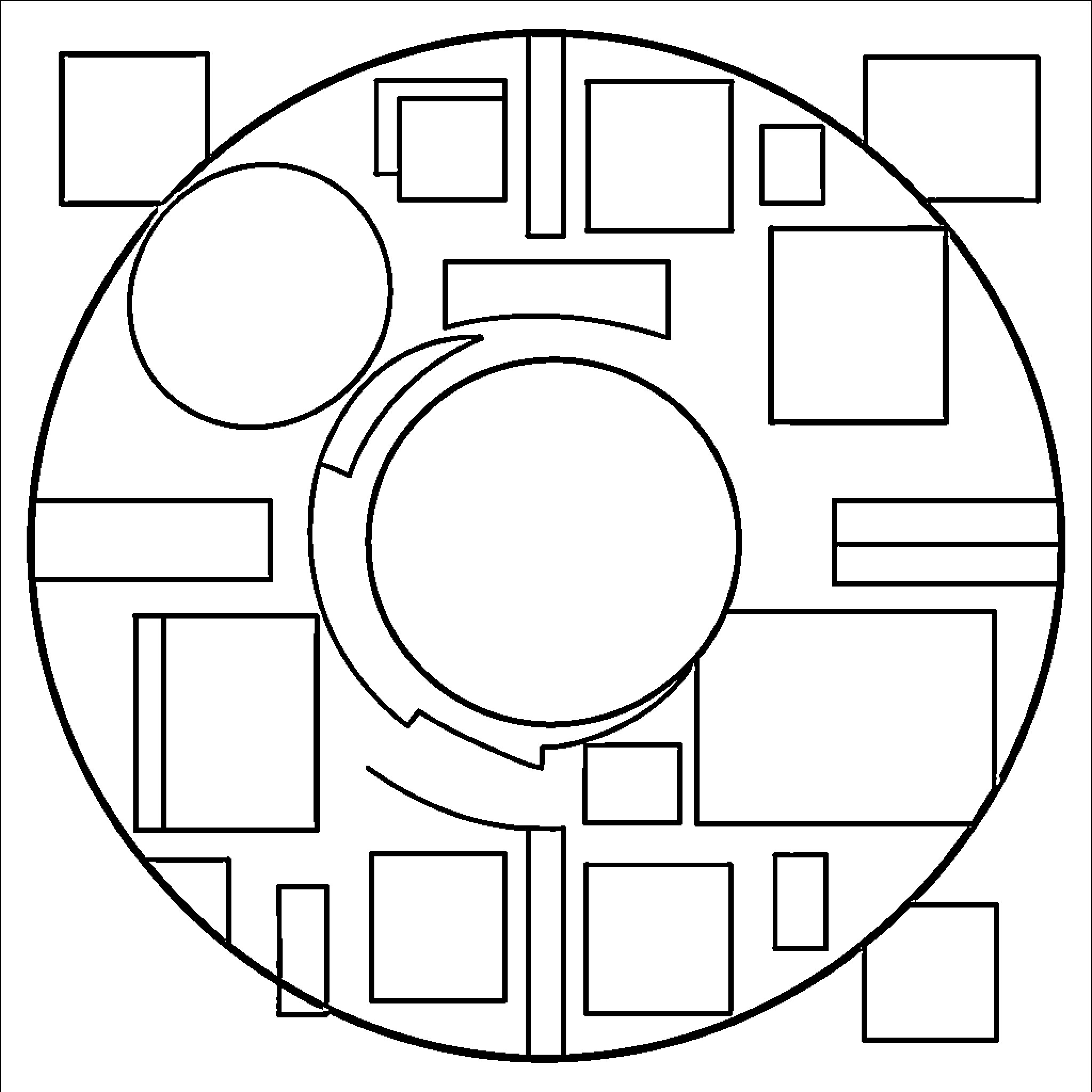 Geometric Shapes Arranged in Circular Composition Coloring Page (free black-and-white line drawing printable PDF for all, from beginners to advanced learners, including children, teens, adults, and seniors)