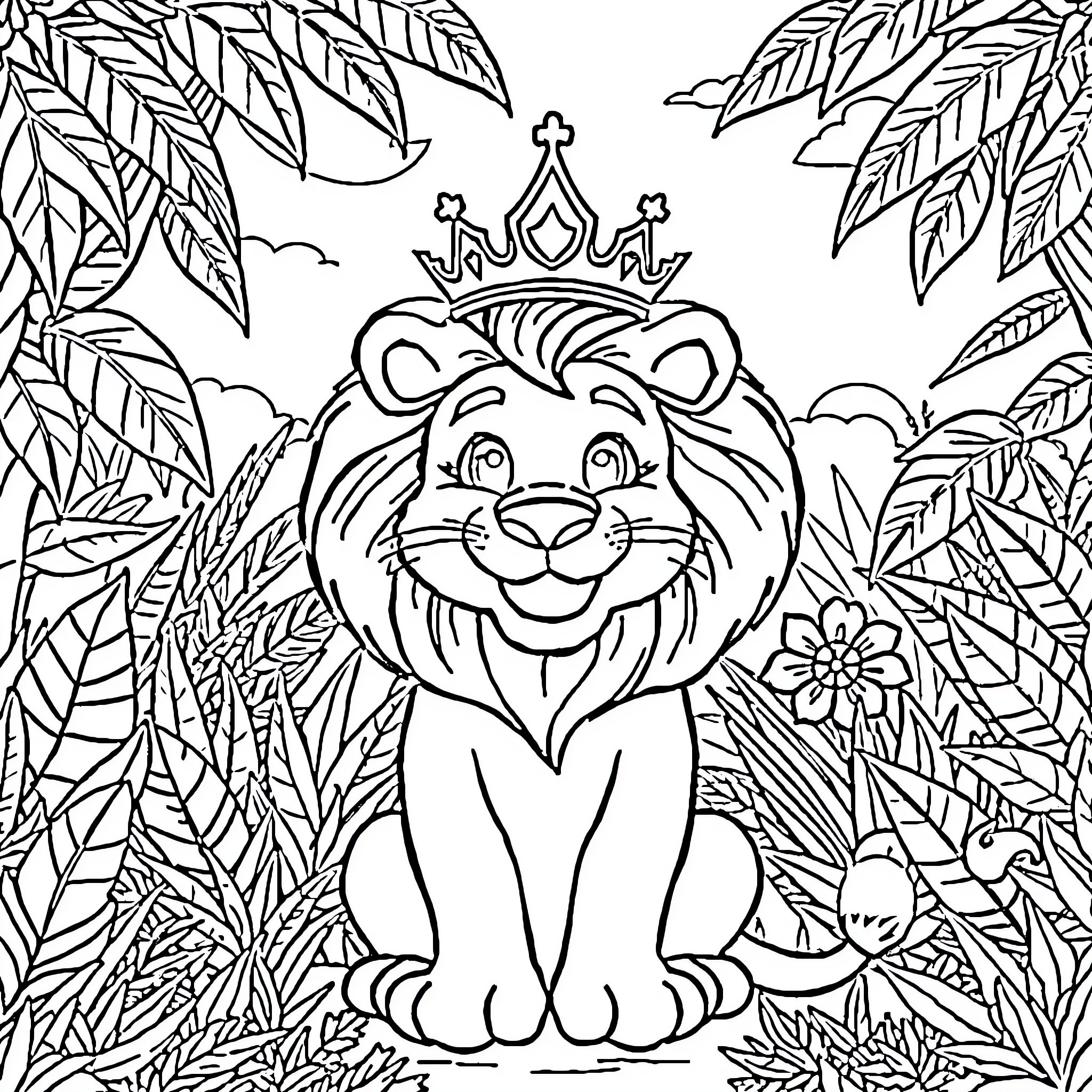 Lion with a Crown in the Jungle Coloring Page (free black-and-white line drawing printable PDF for all, from beginners to advanced learners, including children, teens, adults, and seniors)