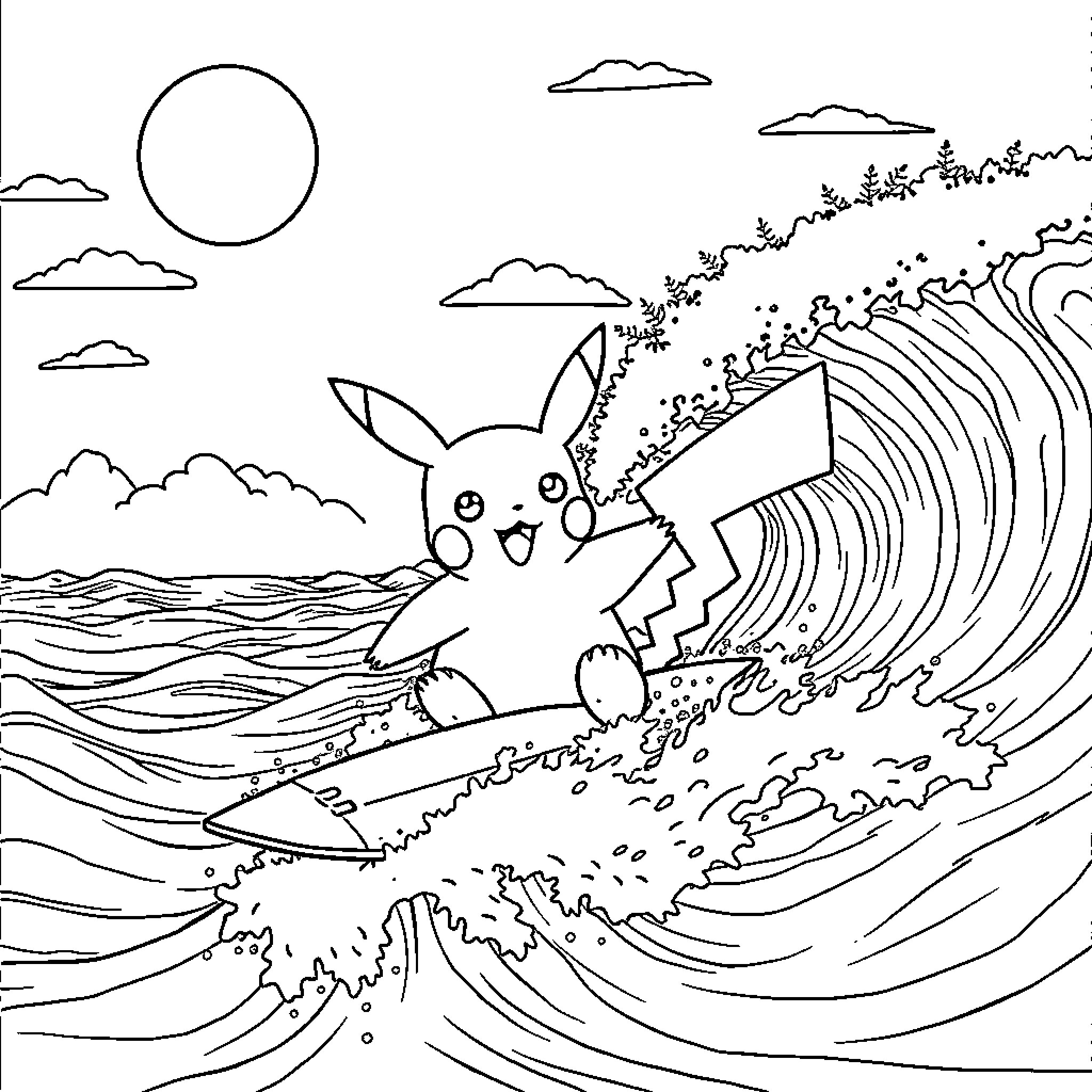 Pikachu surfing the waves amidst a stormy seascape Coloring Page (free black-and-white line drawing printable PDF for all, from beginners to advanced learners, including children, teens, adults, and seniors)