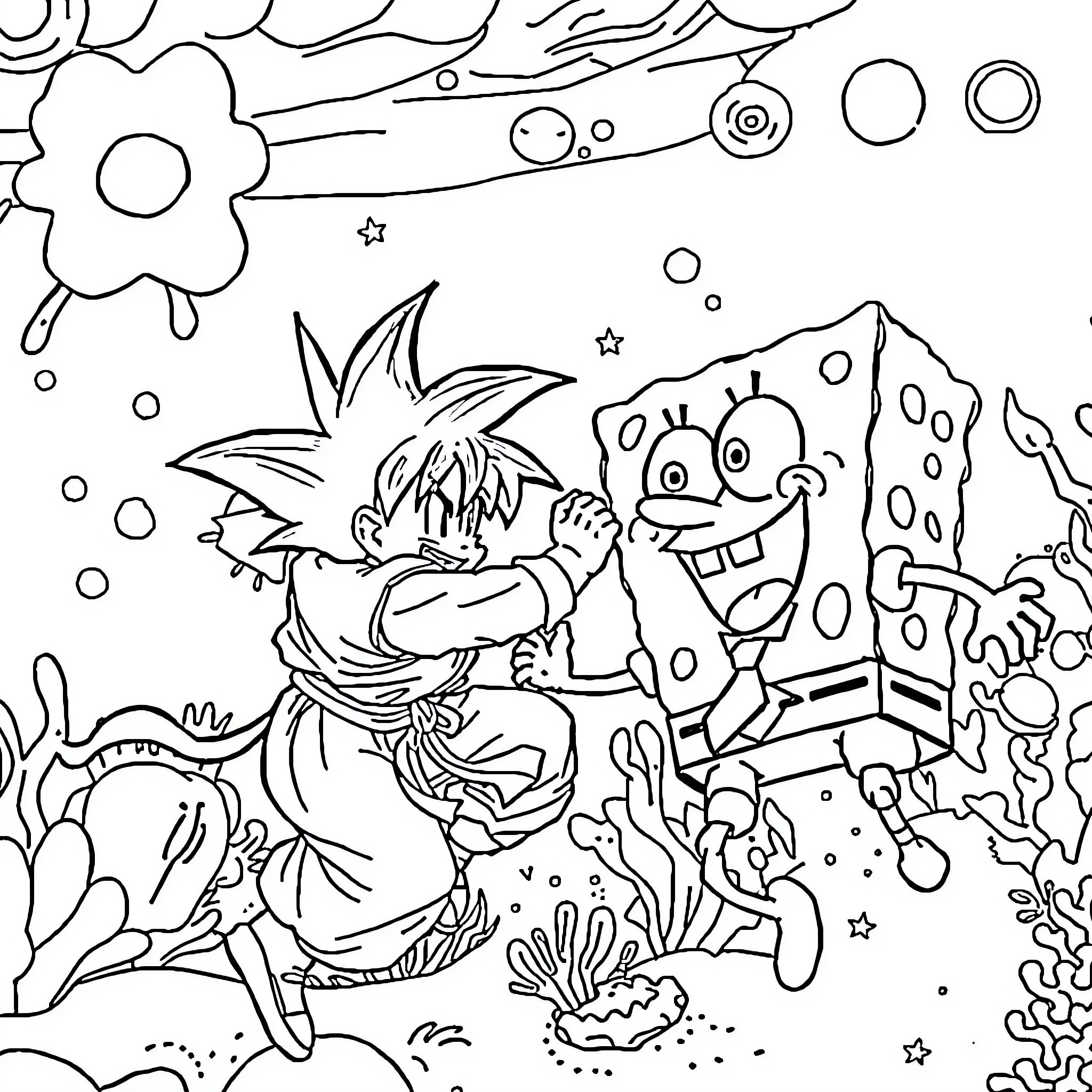 Goku's Playful Adventure in a Fantastical World Coloring Page (free black-and-white line drawing printable PDF for all, from beginners to advanced learners, including children, teens, adults, and seniors)