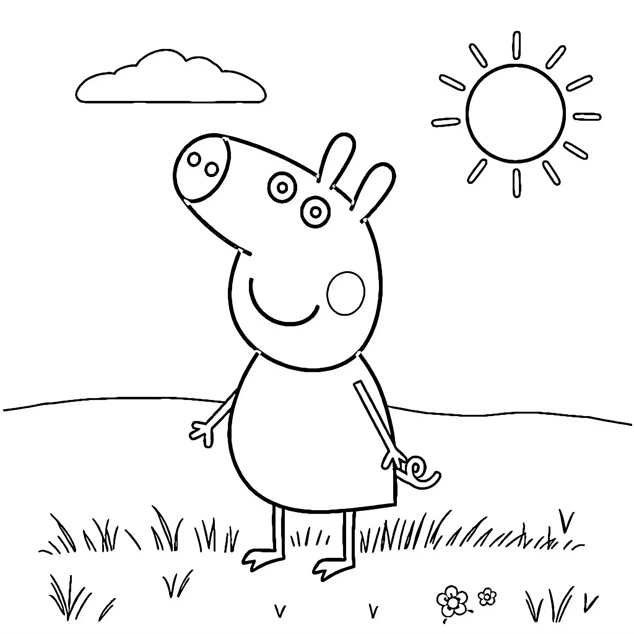 Peppa Pig enjoying a sunny day outdoors Coloring Page (free black-and-white line drawing printable PDF for all, from beginners to advanced learners, including children, teens, adults, and seniors)