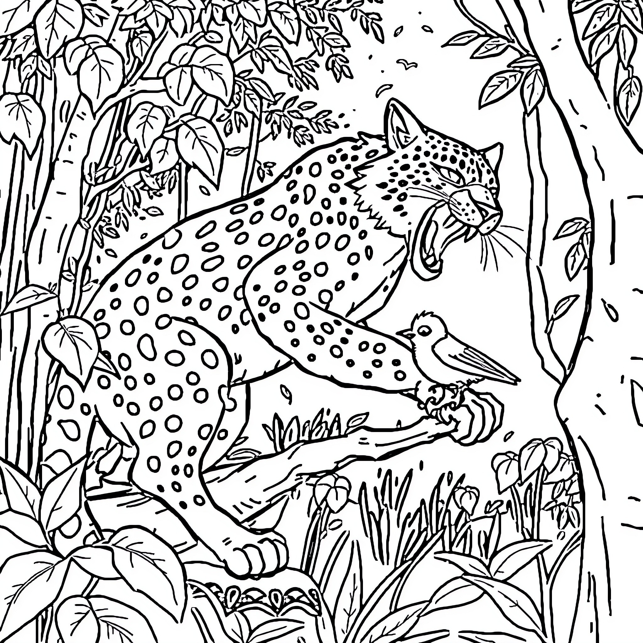 Zorro the Fierce Leopard Hunting in the Jungle Coloring Page (free black-and-white line drawing printable PDF for all, from beginners to advanced learners, including children, teens, adults, and seniors)