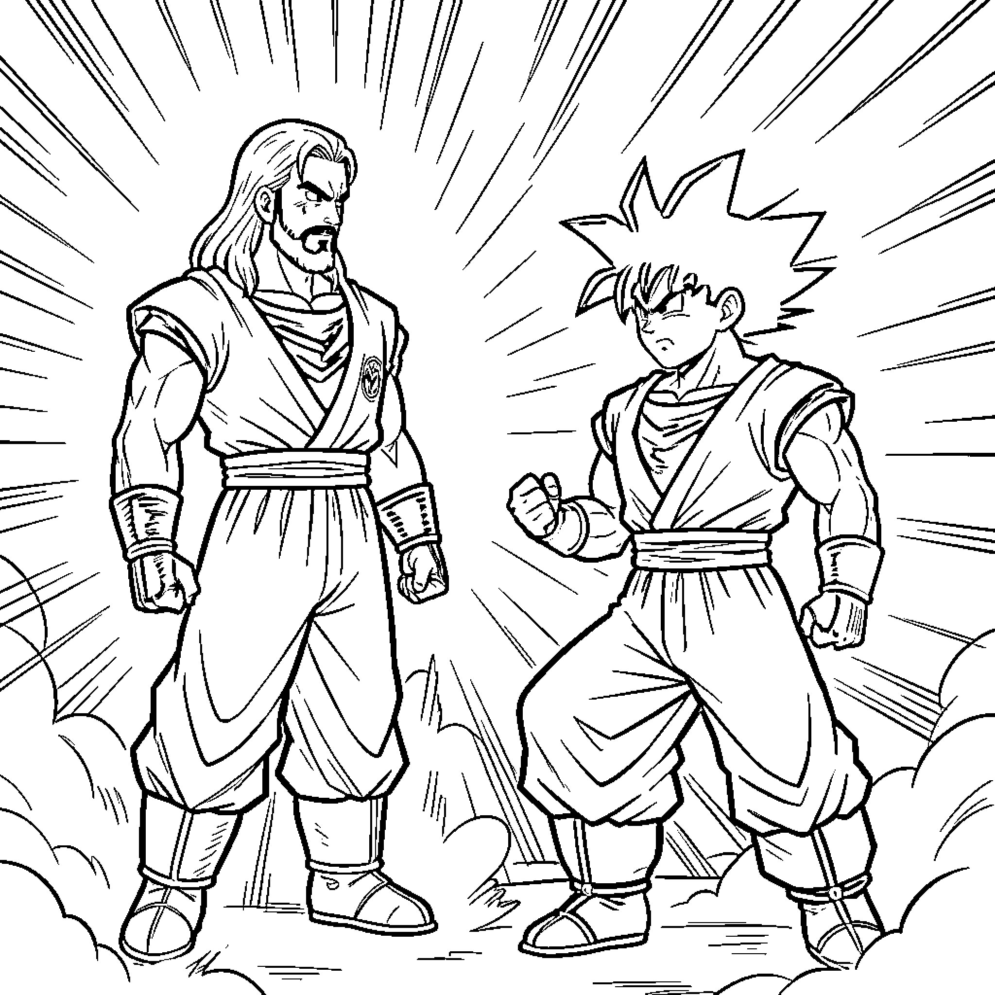Jesus and young warrior engage in epic confrontation Coloring Page (free black-and-white line drawing printable PDF for all, from beginners to advanced learners, including children, teens, adults, and seniors)