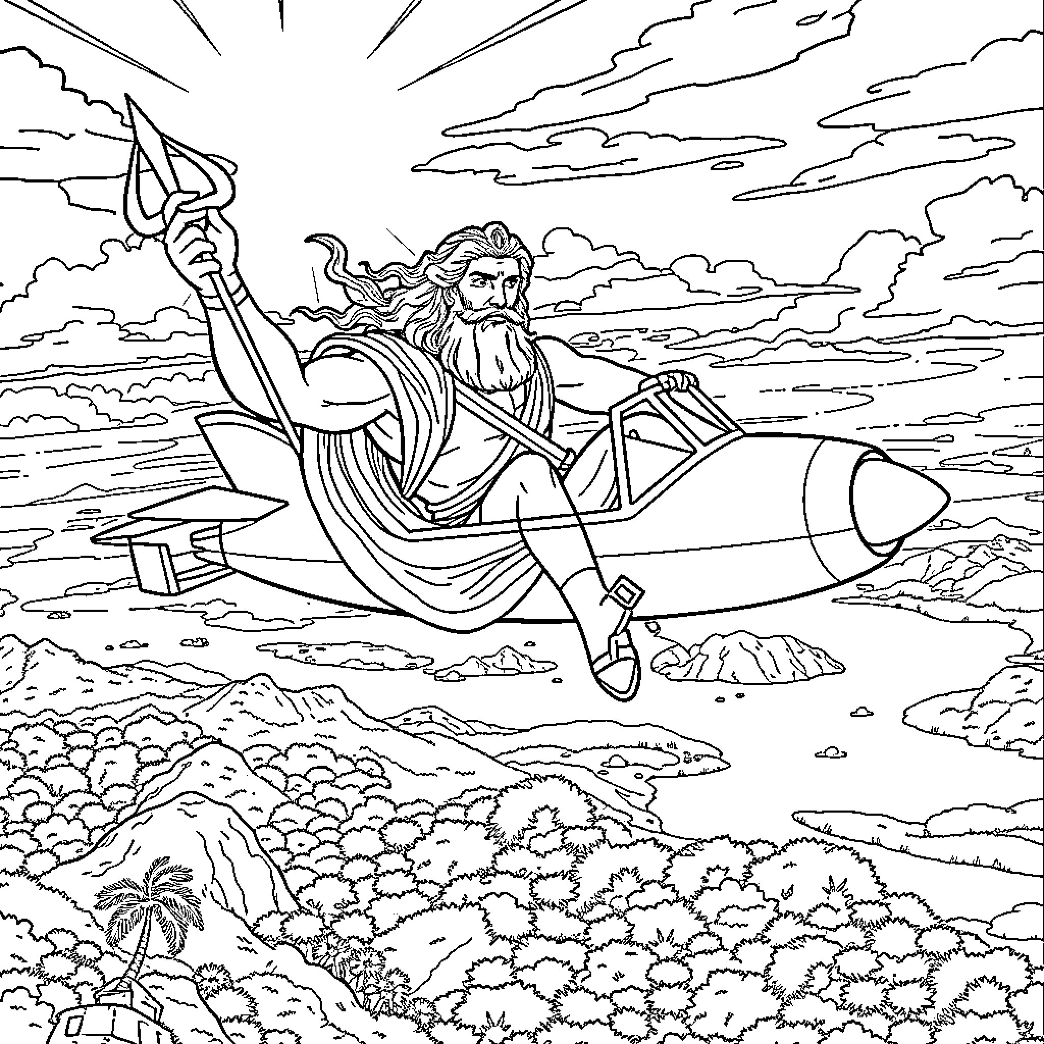 Zeus riding a mythical rocket through the heavens Coloring Page (free black-and-white line drawing printable PDF for all, from beginners to advanced learners, including children, teens, adults, and seniors)