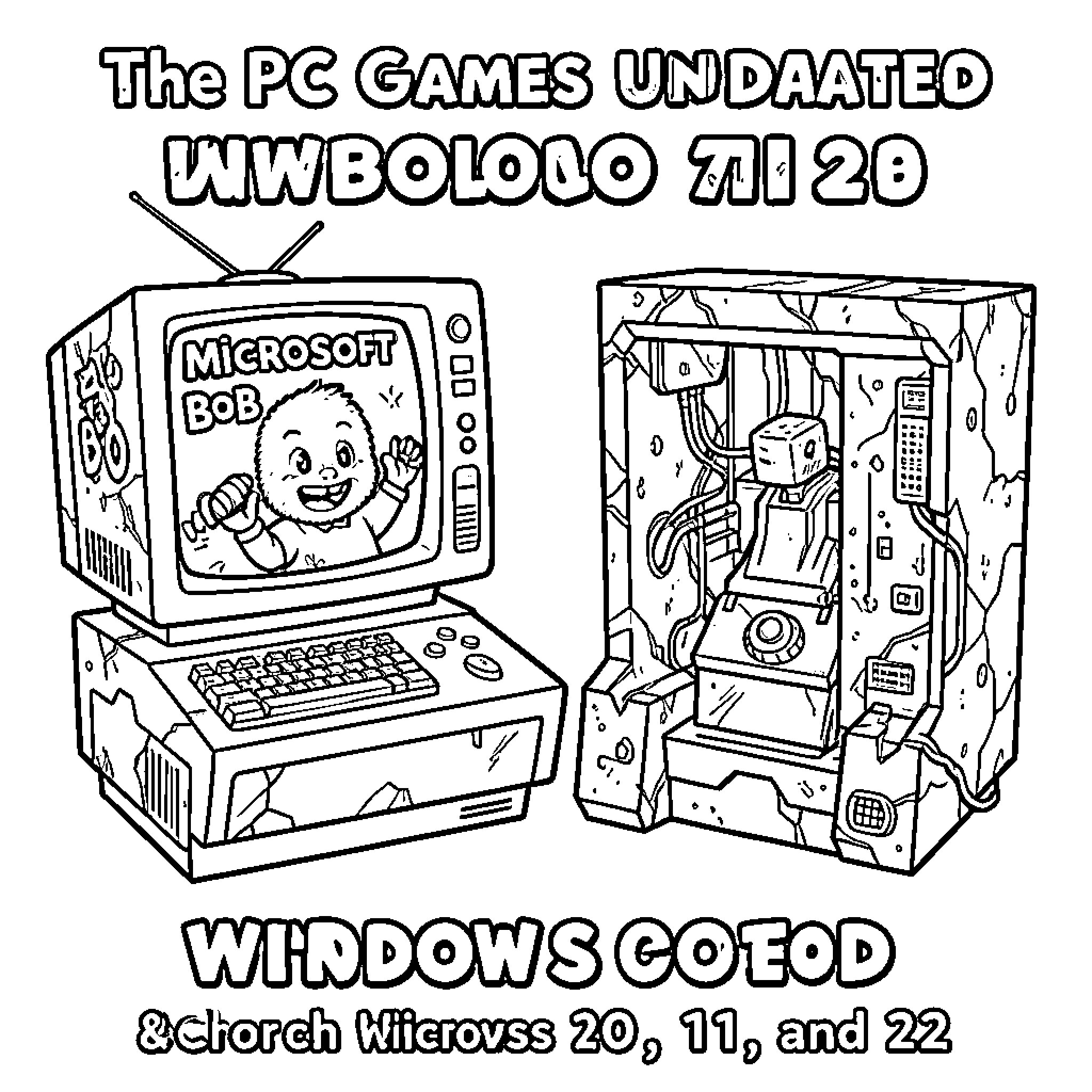 PC Game featuring a vintage computer and retro character Coloring Page (free black-and-white line drawing printable PDF for all, from beginners to advanced learners, including children, teens, adults, and seniors)